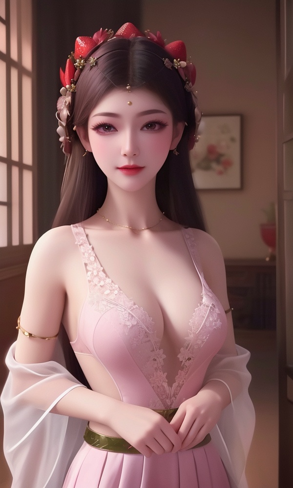 (,1girl, ,best quality, ),looking at viewer, <lora:408-DA-凡人修仙传-卓如婷:0.8> ,, ,masterpiece, (( , )),ultra realistic 8k cg, ,    ,cleavage,strawberry blossoms,lace , (()), (), 