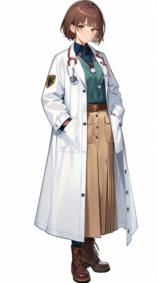 (best quality), ((masterpiece)), (highres), illustration, original, extremely detailed,<lora:SNGame Character XL:0.7>1girl, solo, white background, full body, brown eyes, brown hair, looking at viewer, shirt, simple background, belt, standing, brown footwear, long sleeves, skirt, jewelry, hands in pockets, closed mouth, coat, short hair, long skirt, labcoat, white coat, white jacket, stethoscope, boots, open clothes, parted bangs, bangs, blush