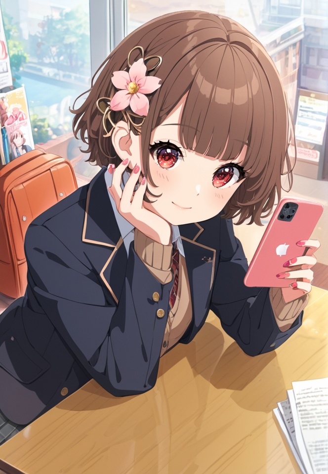 (best quality), ((masterpiece)), (highres), illustration, original, extremely detailed,  <lora:好き物语:0.7>1girl, jacket, holding, solo, phone, brown hair, long sleeves, black jacket, sleeves past wrists, cellphone, hair ornament, closed mouth, bangs, school uniform, hair flower, flower, holding phone, open clothes, skirt, pink nails, reflection, short hair, blazer, looking at viewer, open jacket, shirt, grey skirt, pleated skirt, school bag, red eyes, sitting, bag, white shirt, indoors, pink flower, smile, smartphone, blush, plaid, necktie, brown sweater, collared shirt, plaid skirt, cardigan, nail polish, table, fingernails, ribbon