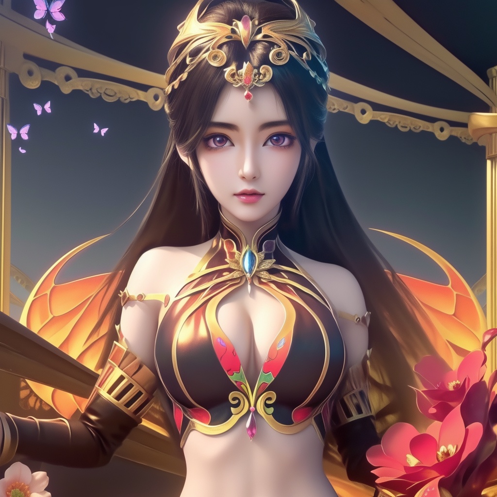 <lora:780-DA-神澜奇域-主持人:0.8>, (,1girl, ,best quality, ),looking at viewer,,anime,(masterpiece, top quality, best quality, official art, beautiful and aesthetic:1.2), (1girl)	, , (cleavage),, extreme detailed,(fractal art:1.3),colorful, flowers ,highest detailed,()    (cleavage),butterfly,  (),
