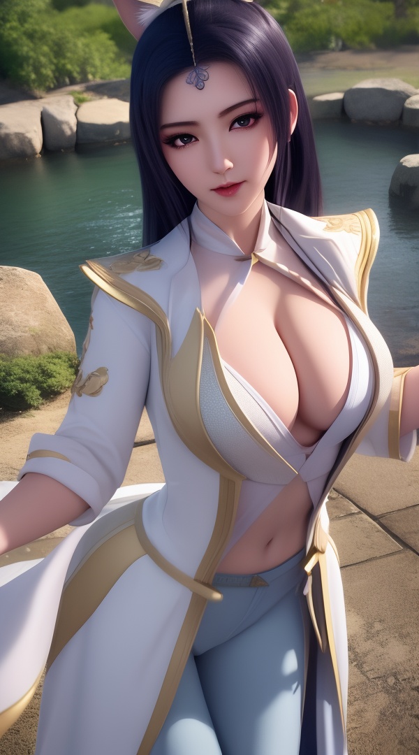 (,1girl, ,best quality, ),looking at viewer, <lora:444-DA-真阳武神-禅银纱-男装:0.8> ,,ultra detailed background,ultra detailed background,ultra realistic 8k cg,, ,masterpiece, (( , )),ultra realistic 8k cg, ,    ,cleavage,,spirit blossom ahri,,(cleavage), (), 