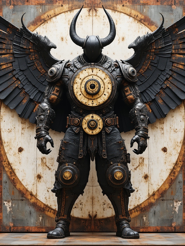 miluo_jqgk,A badass, muscular dude decked out in dark, steampunk-style armor, with massive mechanical wings and a circular gear design on his chest. He's rocking a horned helmet, standing against a gritty, industrial backdrop with a big, circular gear design. The whole scene is a mix of metal textures and vintage machinery vibes.. <lora:米洛丨机器怪咖v1.3:1>