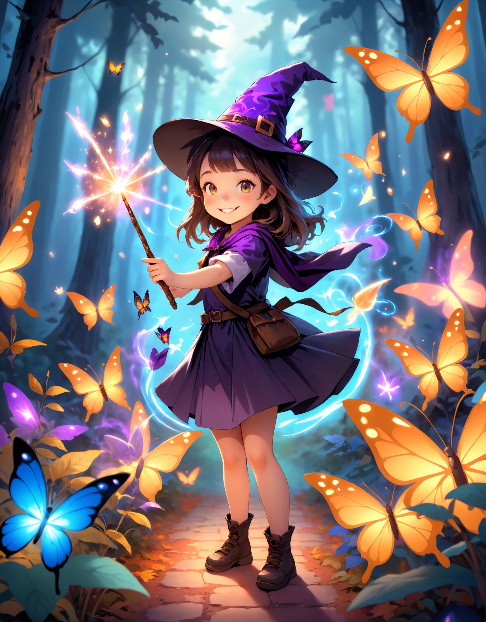 Photo of a young girl wearing a witch hat and holding a magic wand,  with a glowing smile as she casts a spell in a magica...