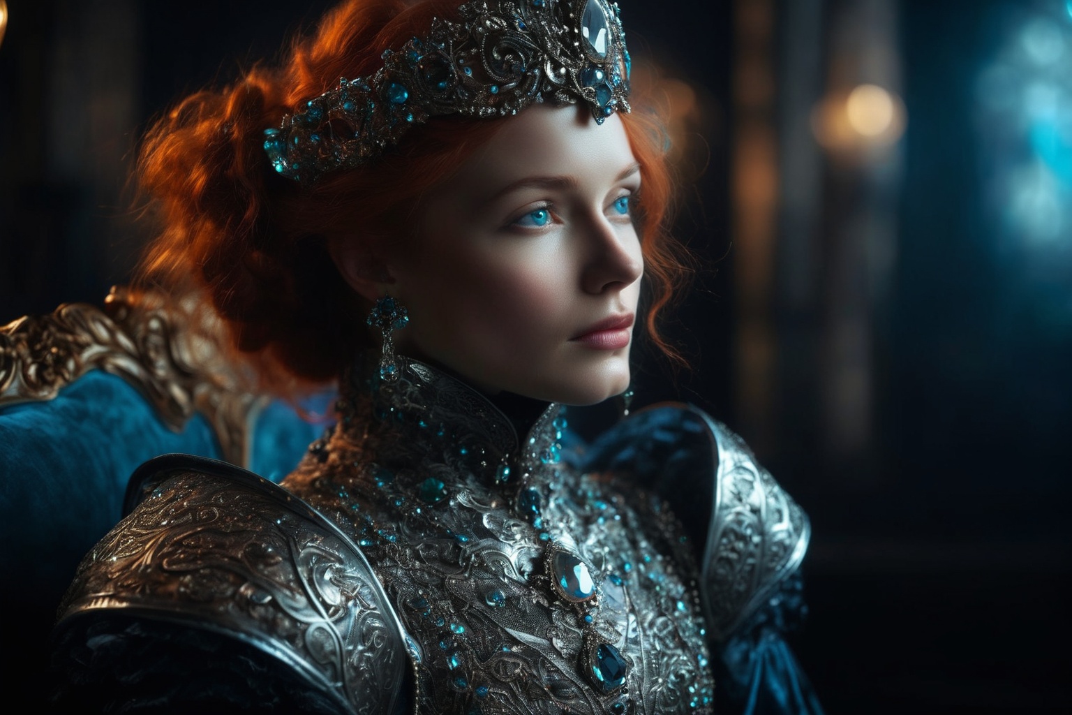 studio photo closeup portrait victorian with blue eyes and red hair wearing intricate silver metal crystal medieval armour...
