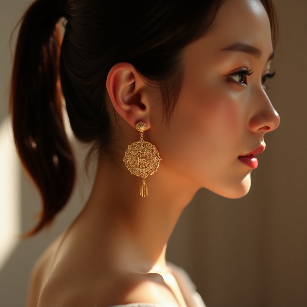 erzhui,erzhui,A Chinese female model with a serene expression, wearing gold filigree earrings inspired by traditional Chinese patterns, professional product photography setup, focus on the earrings