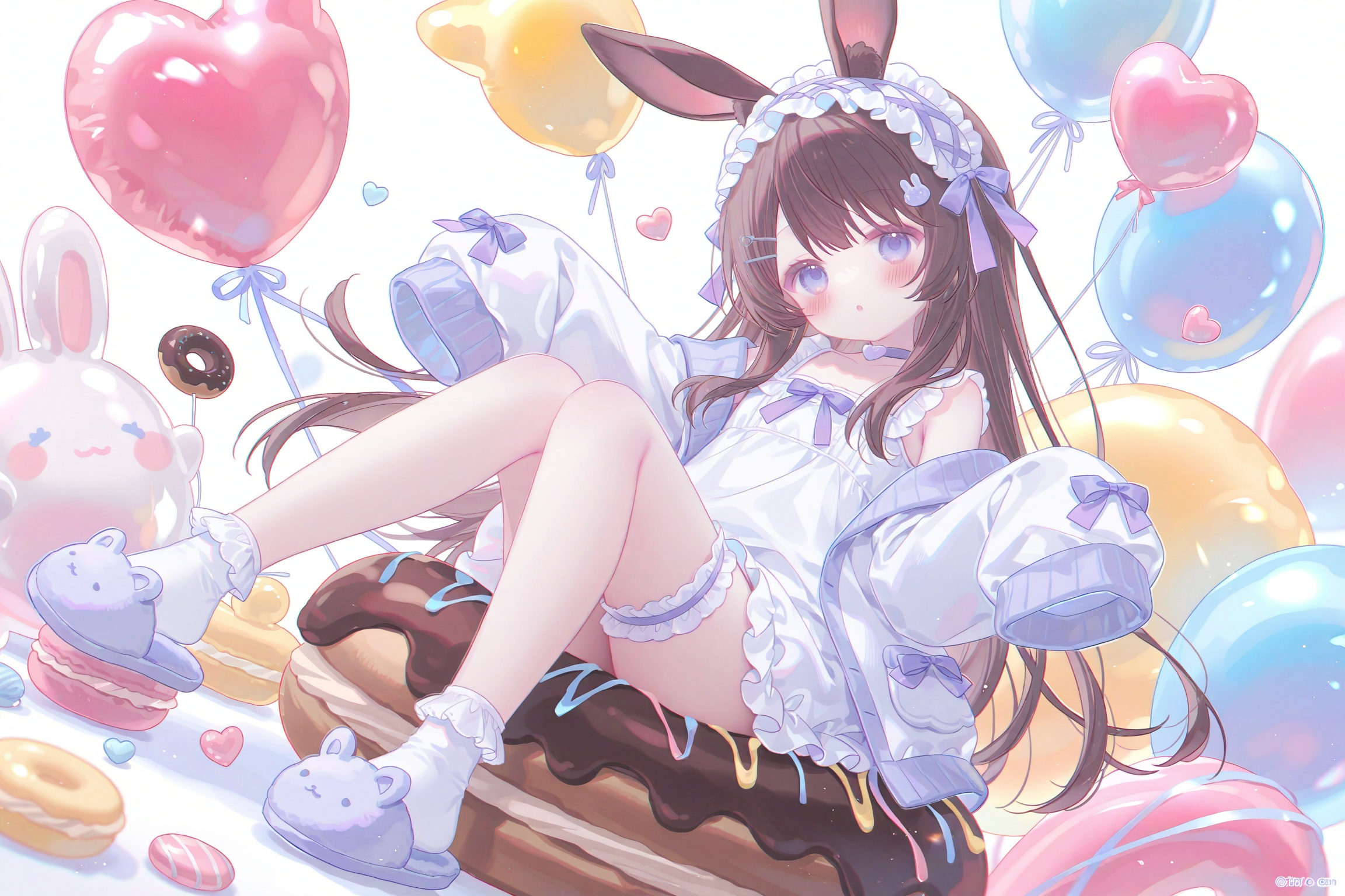 masterpiece,very aware,highres,absurdres,newest,best quality,loli,petite,high quality,chromatic_aberration,cinematic_angle,dutch angle,//,umehara,1girl,balloon,animal ears,food,heart balloon,purple eyes,long hair,dress,doughnut,solo,bridal garter,white dress,macaron,slippers,rabbit ears,hair ornament,candy,full body,white socks,looking at viewer,socks,frilled socks,sleeves past fingers,lollipop,brown hair,hairclip,cupcake,sleeves past wrists,jacket,white footwear,sitting,animal slippers,choker,frills,knees together feet apart,blush,off shoulder,animal ear fluff,heart,purple bow,open clothes,bow,:o,white background,cardigan,rabbit girl,sleeveless dress,convenient leg,long sleeves,cloud,purple ribbon,open jacket,hair bow,parted lips,ribbon,frilled dress,white jacket,very long hair,sleeveless,hairband,collarbone,purple choker,rabbit,bare shoulders,lolita hairband,bobby socks,simple background,virtual youtuber,pastel,