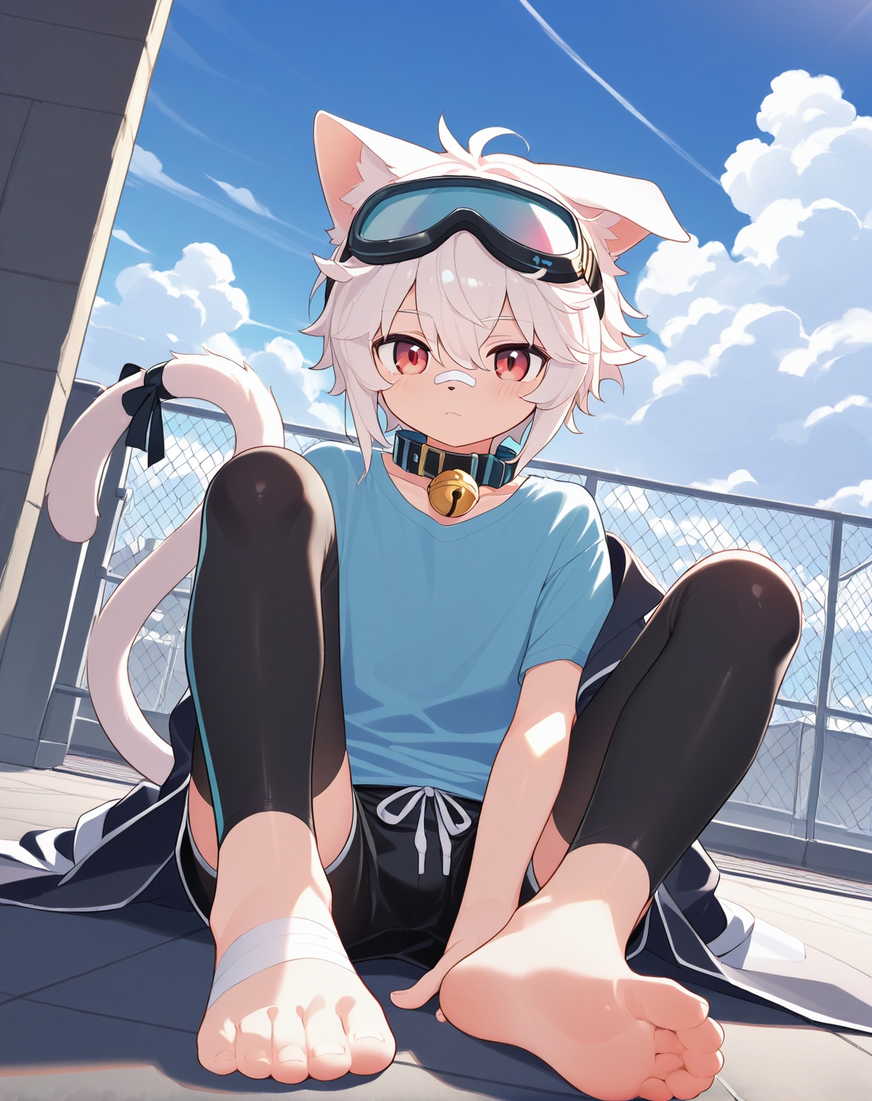 cat boy,1boy,solo,male_focus,(white_hair:0.8),red eyes,(floppy_ears,lop_cat_ears),[bell on collar,Collar,Cortical collar,Large collar],(blue t-shirt,black_leggings under shorts,black bike_shorts),(barefoot) BREAK dutch angle,vanishing point,sitting on rooftop,(blue sky,cloud,wind),(masterpiece, best quality:1.1),foot focus,goggles on head,bandage on nose,bandage on leg,Tail decoration,cat tail,Open coat,bare,body fur,anthro,
