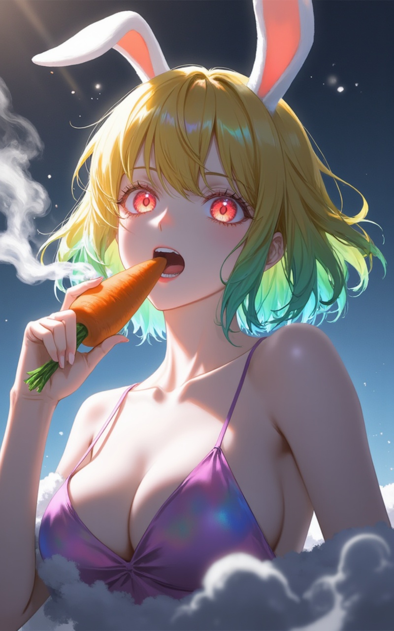 <lora:加洛特10:0.9>Carrot one piece,Carrot\(one piece\),blonde hair,rabbit ears,rabbit girl， red eyes，close-up,short hair,1girl, animal ears, solo, rabbit ears, blonde hair, food, carrot, open mouth, holding food, holding, bare shoulders, short hair, collarbone, upper body, red eyes, looking at viewer, bangs, multicolored hair, backlighting, eyelashes, glowing, teeth, smoke, spaghetti strap, sleeveless, breasts, gradient hair, camisole, gradient, upper teeth only, small breasts, hand up, eating, fur trim, green hair, gradient background, fingernails,Close-up details,realistic style photo young woman,outstanding style,in her teens. Use soft lighting to cast gentle shadows on the subject,adding a touch of dimension to your images without compromising details,whirls of vapor,iridescent textures,(Anime:1.1),soft neon light,ethereal ambiance,delicate details,magical atmosphere,concept art,highly detailed,ultra-high resolution,32K UHD,sharp focus,best-quality,masterpiece,golden hour,unconventional supreme masterpiece,masterful details,temperate atmosphere,with a high-end texture,in the style of fashion photography,(cowboy_shot:1.2),photography,cover,Dynamic Angle,Dynamic posture,(cowboy_shot:1.2),(artist:quasarcake:0.8),extreme aesthetic,(wlop:0.6),(honjou raita,lack,rella,wanke:0.5),masterpiece,best quality,good quality,newest,year 2024,year 2023,very aesthetic,absurdres,Visual impact,A shot with tension,ultra-high resolution,32K UHD,sharp focus,best-quality,masterpiece,Emotionalization,unconventional supreme masterpiece,masterful details,temperate atmosphere,with a high-end texture,in the style of fashion photography,(Visual impact:1.2),giving the poster a dynamic and visually striking appearance,impactful picture,offcial art,colorful,splash of color,movie perspective,masterpiece,best quality,amazing quality,very aesthetic,absurdres,best quality,newest,