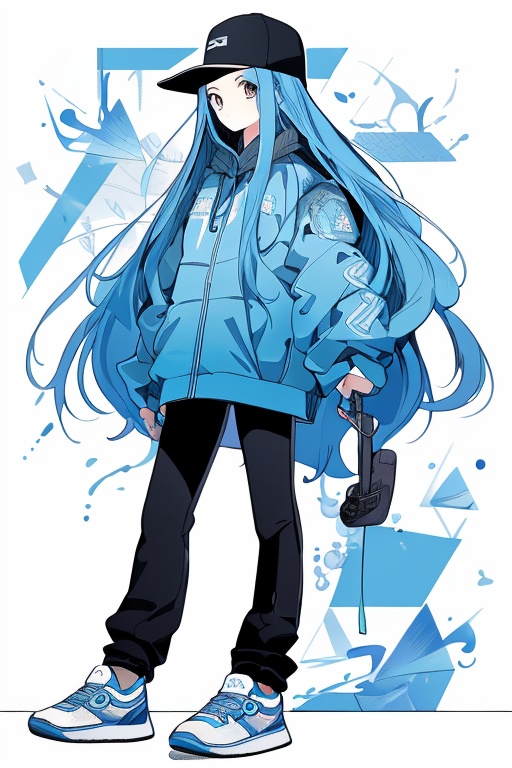 niji,1girl,best quality, masterpiece, anime, female, blue hair, black outfit, hat, blue sneakers, left hand holding something blue, background with text and abstract patterns, face covered by a grey square