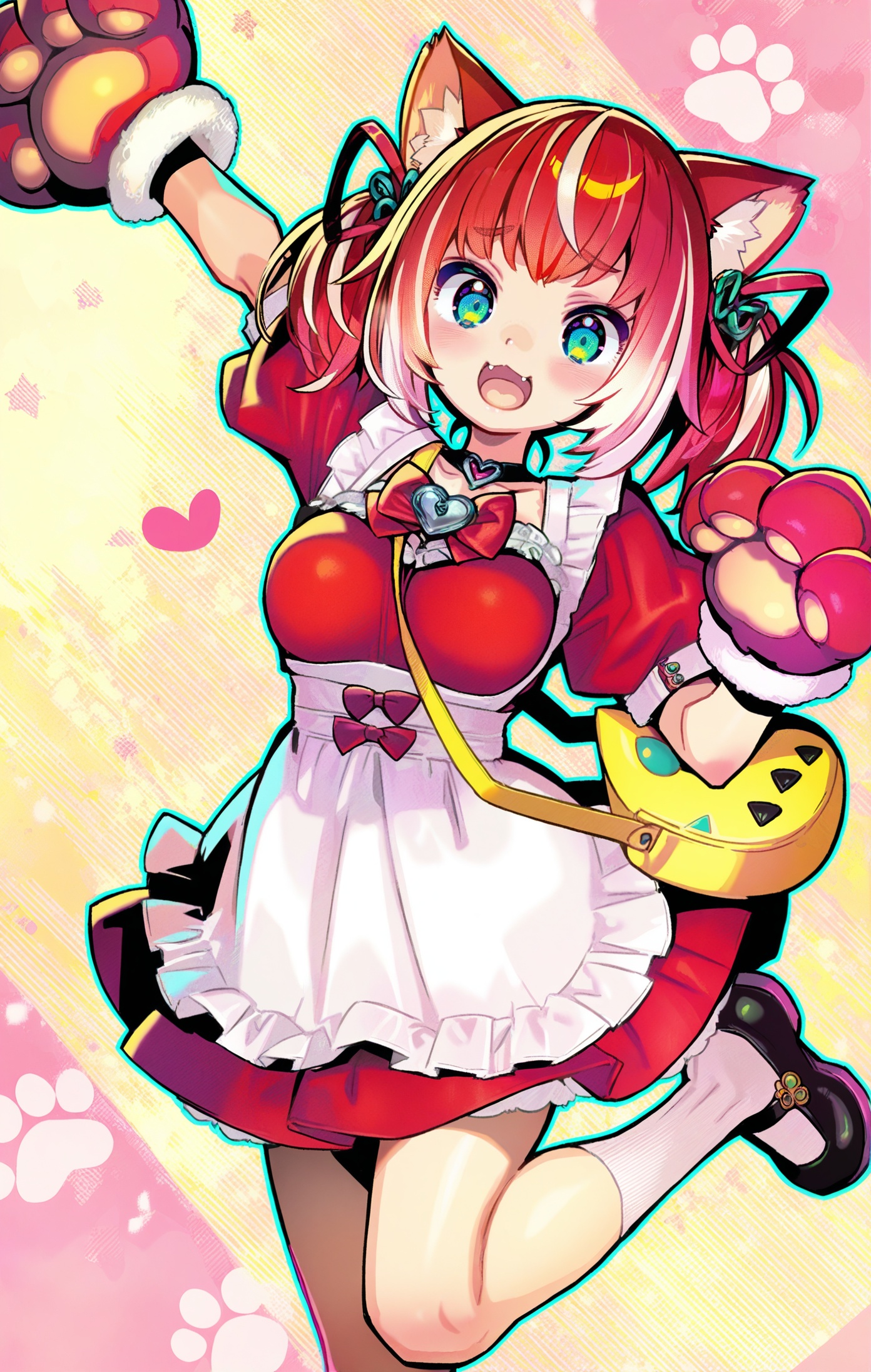Himehajime,1girl,animal ears,solo,apron,red hair,short sleeves,puffy short sleeves,puffy sleeves,dress,paw gloves,gloves,white apron,cat ears,fangs,open mouth,animal hands,smile,socks,multicolored hair,bag,breasts,twintails,:d,white socks,red dress,looking at viewer,frilled apron,shoes,blush,virtual youtuber,bangs,shoulder bag,medium breasts,bow,red bow,ribbon,hair ribbon,animal ear fluff,frills,black footwear,streaked hair,:3,standing on one leg,heart,hair ornament,arm up,waist apron,