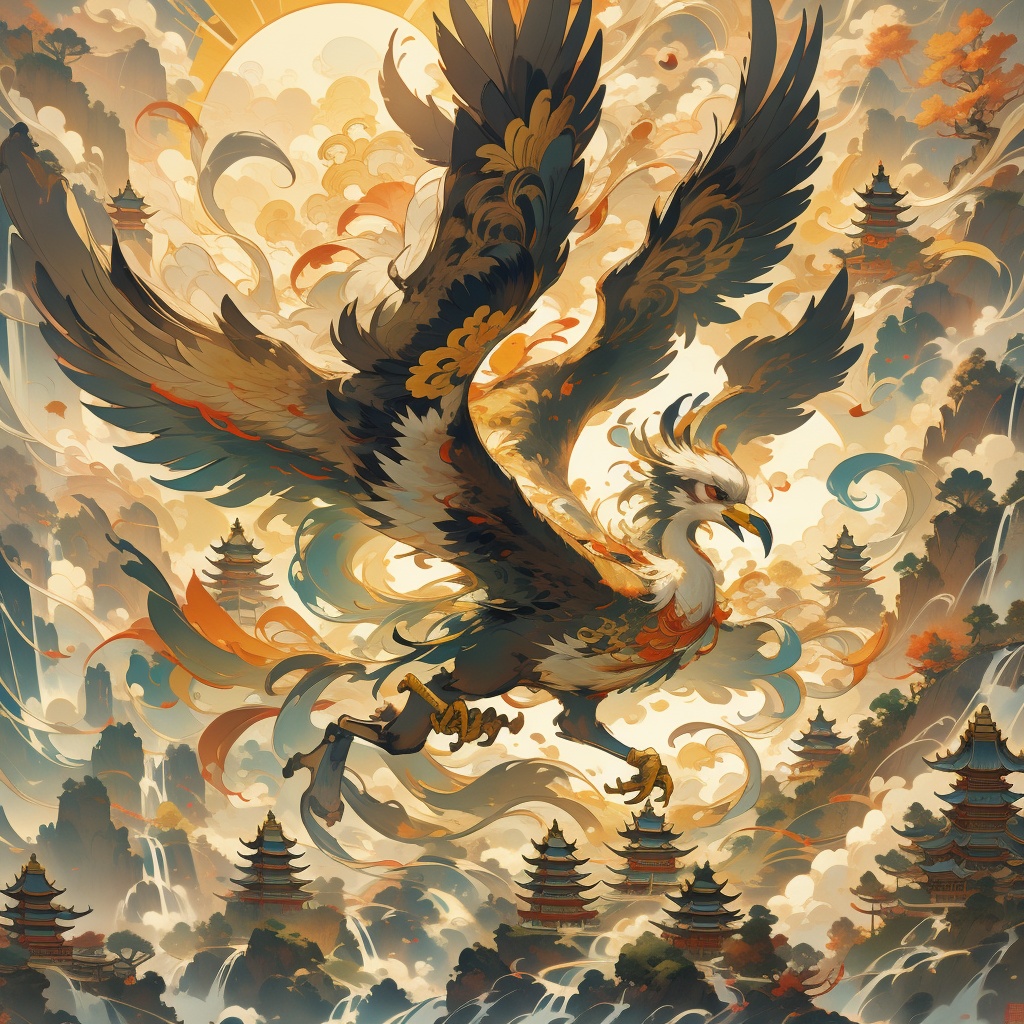 Thick color style, ancient Chinese mythology style, crane, a crane, solo,flying in the clouds, surrounded by clouds and sun