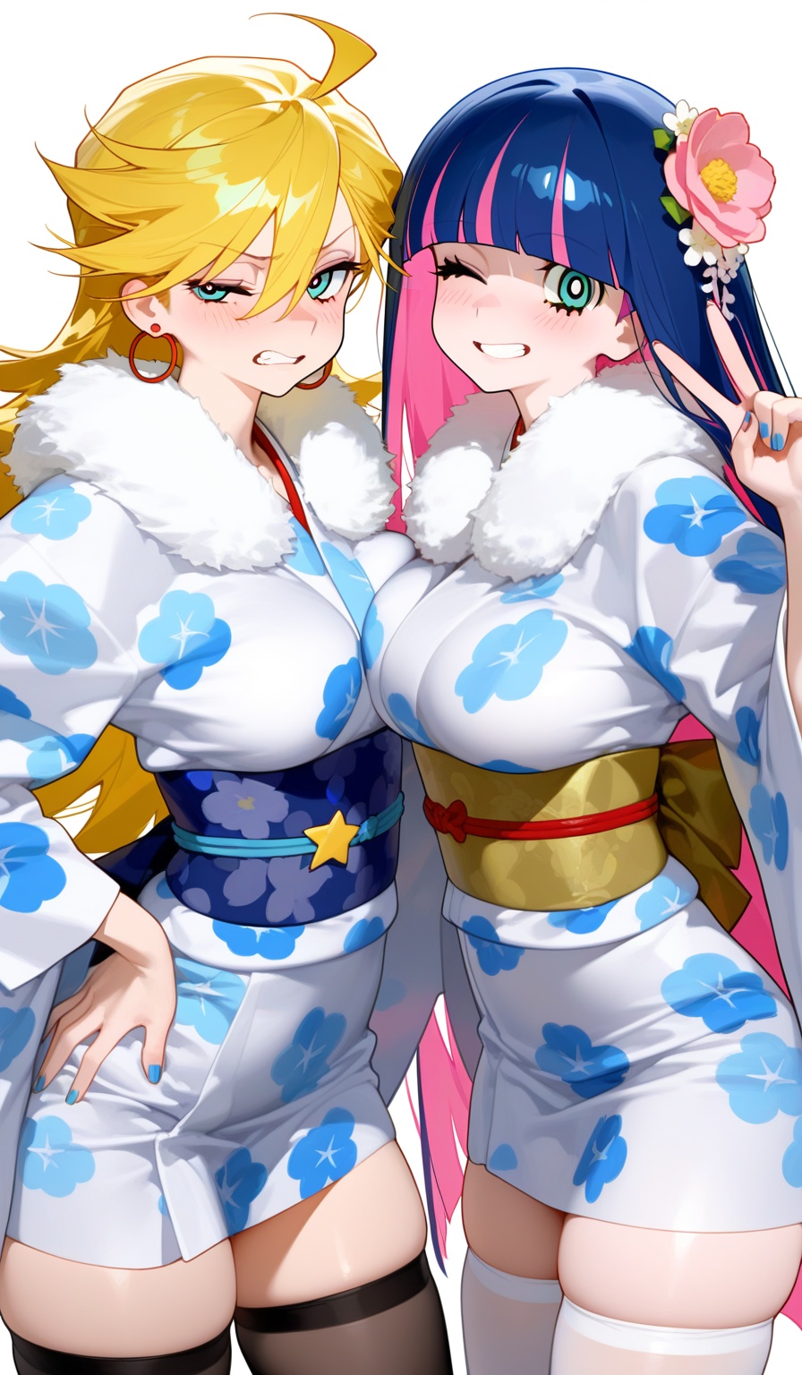 <lora:えーあい-Style:1>,(upper body:1.3),panty \(psg\), stocking \(psg\), japanese clothes, kimono, multiple girls, sisters, 2girls, siblings, blonde hair, sash, obi, hair flower, hair ornament, flower, multicolored hair, long hair, one eye closed, blue kimono, thighhighs, blue eyes, looking at viewer, wide sleeves, white background, pink hair, breasts, nail polish, colored inner hair, two-tone hair, simple background, white kimono, blunt bangs, teeth, long sleeves, blue hair, clenched teeth, obijime, blue nails, earrings, skindentation, blush, ahoge, fur collar, thighs, v, large breasts, hand on own hip, alternate costume, fingernails, fur trim