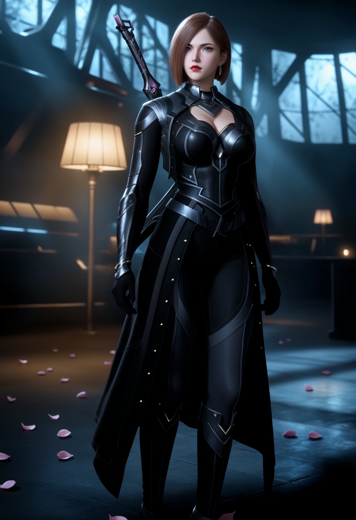 masterpiece,best quality,amazing quality,very aesthetic,high resolution,ultra-detailed,absurdres,scenery,photorealistic,(looking at viewer:1.1),(Dark room:1.3),(moody lighting:1.1),peach blossom,falling petals,(large breasts:0.8),jiangfang,1girl,solo,brown hair,short hair,armor,jewelry,earrings,realistic,grey eyes,cleavage cutout,bodysuit,clothing cutout,red lips,weapon on back,high_heel_boots BREAK photorealistic details,<lora:QQSilljiangfangV1:0.8>,