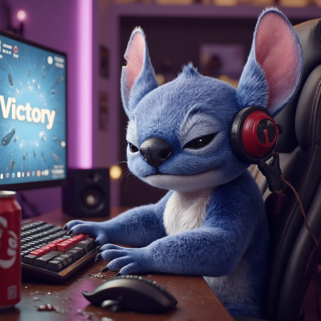 stt,Wearing cat ear headphones while gaming,claws furiously tapping the keyboard,the screen displays "Victory",a spilled soda can beside the e-sports chair,with neon lighting effects.,