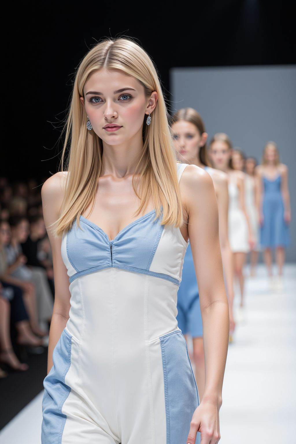 Fuji camera filter,Catwalk,models walk the catwalk,young woman,blonde long hair,blue eyes,simple outfits,white and blue dress,and you can see the catwalk when you look from the side.
