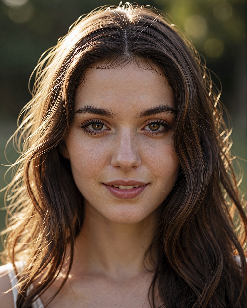 Close-up portrait of a young Caucasian woman with long,  wavy dark brown hair cascading around her shoulders,  softly illu...