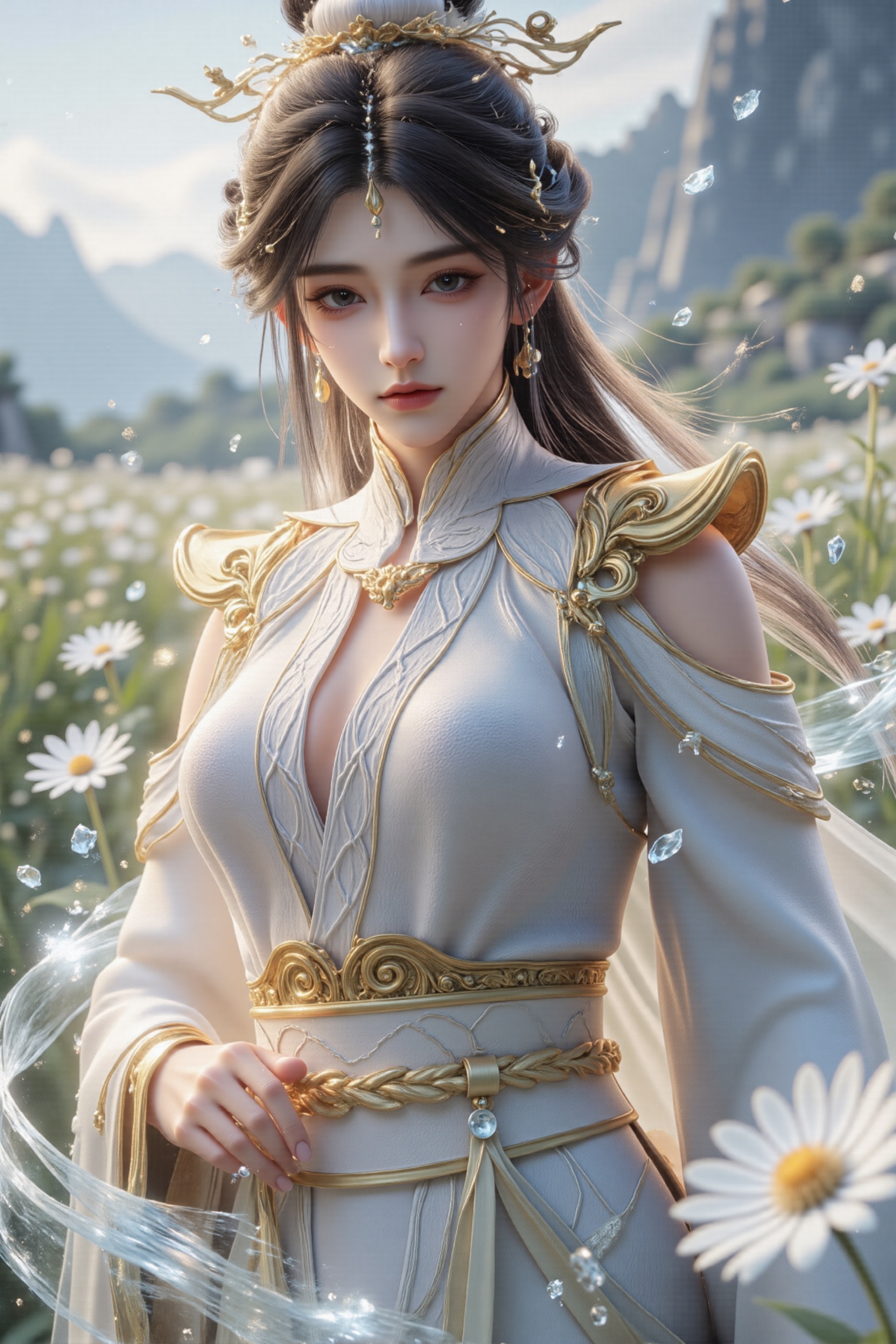 SK-fangyuz,8k,CG,UHD,HDR,masterpiece,best quality,CGI illustration,official art,high resolution,((finely detail)),very fine CG,((extremely detailed)),extremely detailed CG unity 8k wallpaper,ultra-detailed,an extremely delicate and beautiful,((solo:1.5)),(Perfect body structure:1.3),Cinematic Lighting,((large breasts:1.5)),(Crystal skin),colorful:1.2,(crystal_texture_skin:1.2),(highly detailed CG illustration),(Vivid Colors:1.1):1.4,(extremely detailed CG:1.2),soft lighting and shadow,soft yet striking lighting,(skin pores:1.1),(perfect face:1.2),perfect lighting,(detailed skin texture:1),Low Key:1.1,depth of field,Detailed face,(huge breasts:1.4),ray tracing,(perfect anatomy:1.2),official art,(high detailed skin),(Good structure),original,(illustration:1),close-up of character,sexy,absurdres,1girl,gem,earring,(black hair),Giant chest:1.5,cleavage,long hair,looking at viewer,blurry background,motion blur,breasts,This is a highly detailed digital artwork,full body,Dynamic expression,beautiful detailed eyes,(long legs:1.1),CG rendering,perfect body,plant,sharp focus,(legs),nature,32K UHD,ultra high definition details,Ultra High Definition,A one-of-a-kind beauty,3D rendered anime style,makeup,flower,outdoors,grass,flower field,dandelion,daisy,
