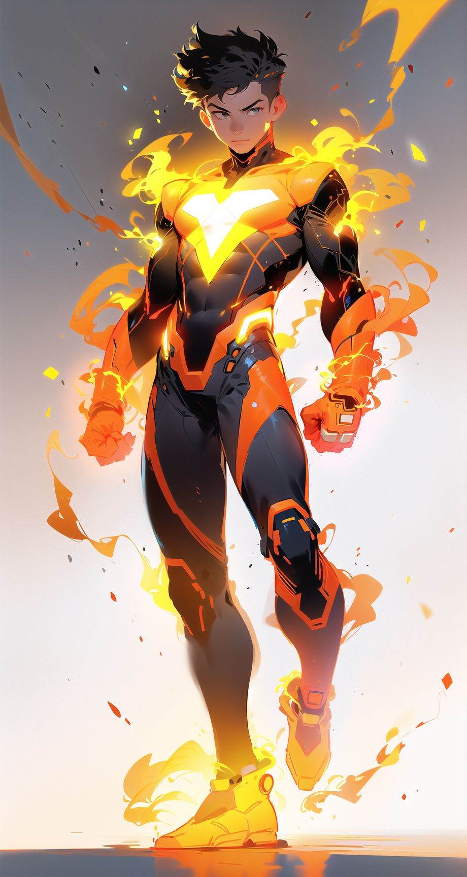 asuo,1boy,male focus,solo,bodysuit,full body,looking at viewer,white background,wind,fire,electricity,black hair,glowing,black bodysuit,clenched hands,spiked hair,standing,simple background,short hair,gloves,<lora:asuo-000014:0.8>,