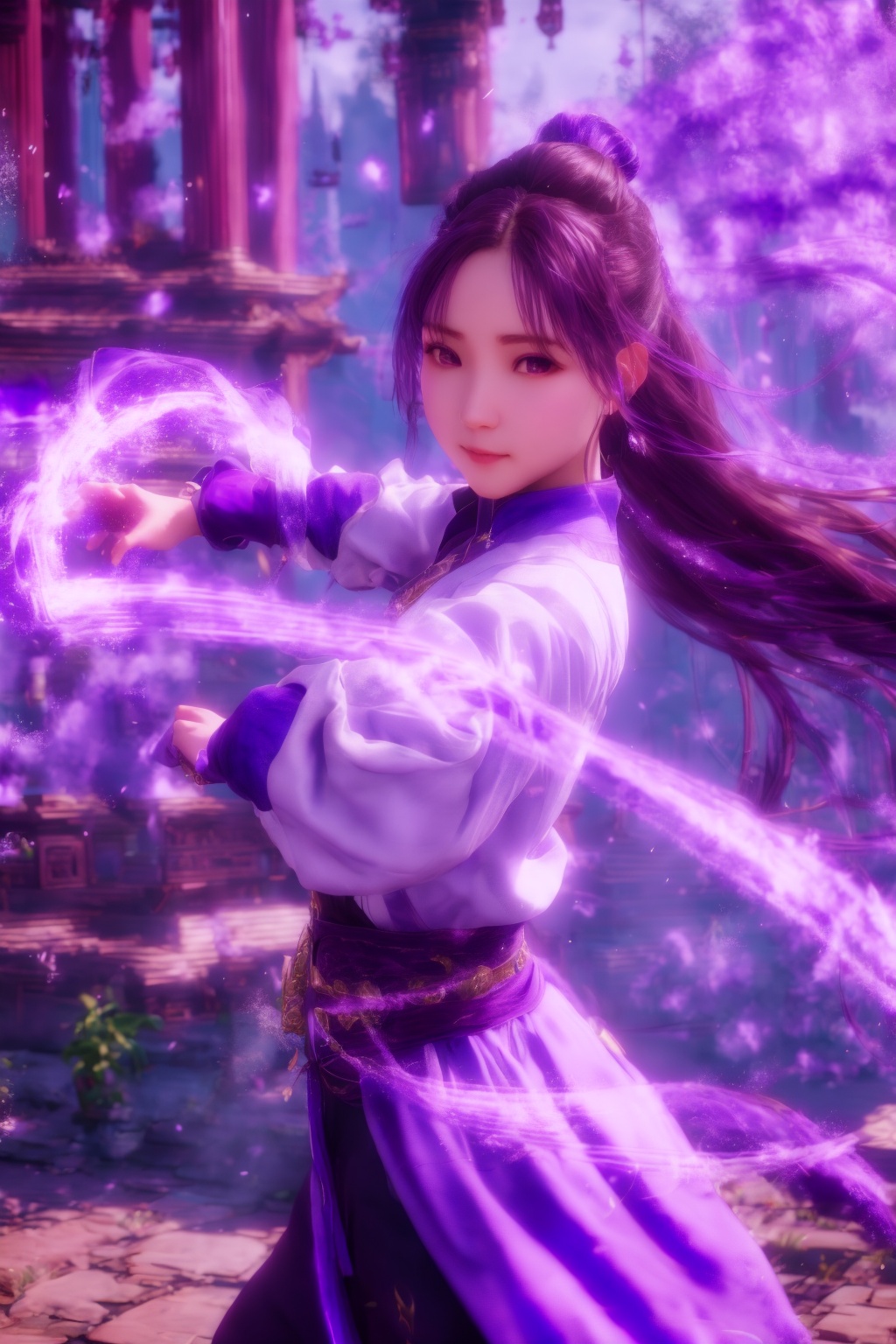 purple-aura,using purple-magic,purple-magic,ancient-costume,dancing,fighting stance,1girl,solo,long hair,brown hair,<lora:magic_fighting_purple_512_dreamshaper_8:0.8>,