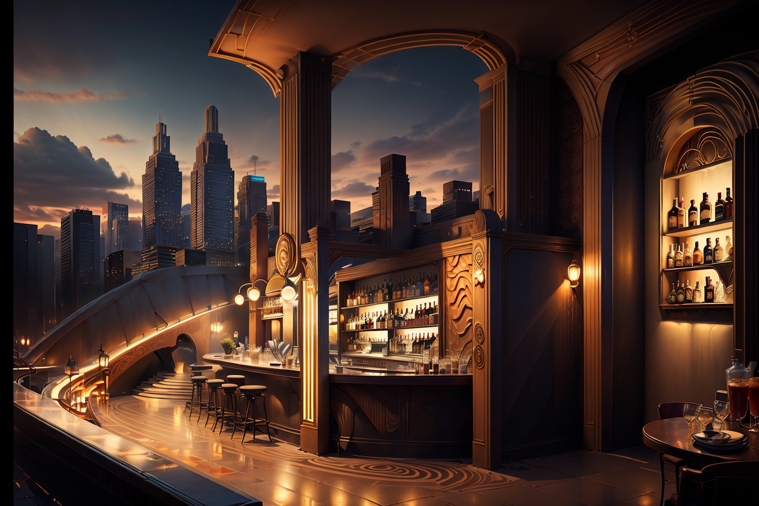 bar,sky bar,<lora:20240119-1705647975052:0.5>,Realistic image quality,photorealestic,8K,best qualtiy,masterpiece,movie-level quality,rendering by octane,architecture,city,city lights,cityscape,outdoors,real world location,rooftop,scenery,sky,skyscraper,cloudy sky,sunset,building,night,palm tree,lamppost,bar counter,beverage,cup,the bar on the rooftop,<lora:Addams:0.7>,artdeco,