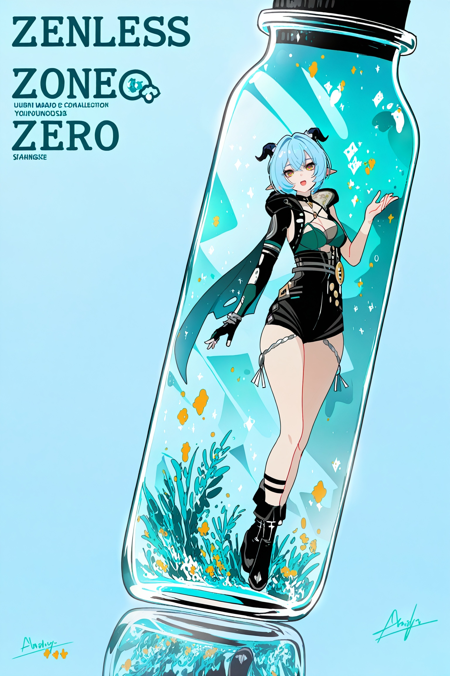 masterpiece,best quality,good quality,1girl,::,__artist__,year 2024,(blending:1.4),(limited palette:1.2),(no lineart:1.2),(flat color:1.2),(light blue background:1.2),(spot color:1.2),dutch angle,minimalism,silhouette,flat color,open mouth,no lineart,breasts,limited palette,signature,very awa,masterpiece,best quality,newest,highres,absurdres,<lora:add-detail-xl:0.8>,<lora:jijia-gnoobv-Tanger-000014:0.7>,jijia,2d,anime,1girl,solo,looking at viewer,in container,see-through,standing,hand up,character name,black background,reflection,copyright name,gradient,a glass bottle with a picture of a woman on it,a picture of a girl inside a clear container with a bunch of stuff in it,interval glass,inside the container,glass separation,<lora:Lucia-will-Tanger:0.8>,Lucia \(Zenless Zone Zero\),clothes: Luciadef suit,Square-shaped pupils,Luciadef cape,Luciadef horns,Luciadef  pointy ears,1girl,breasts,blue hair,boots,black footwear,yellow eyes,cleavage,pointy ears,single right glove,