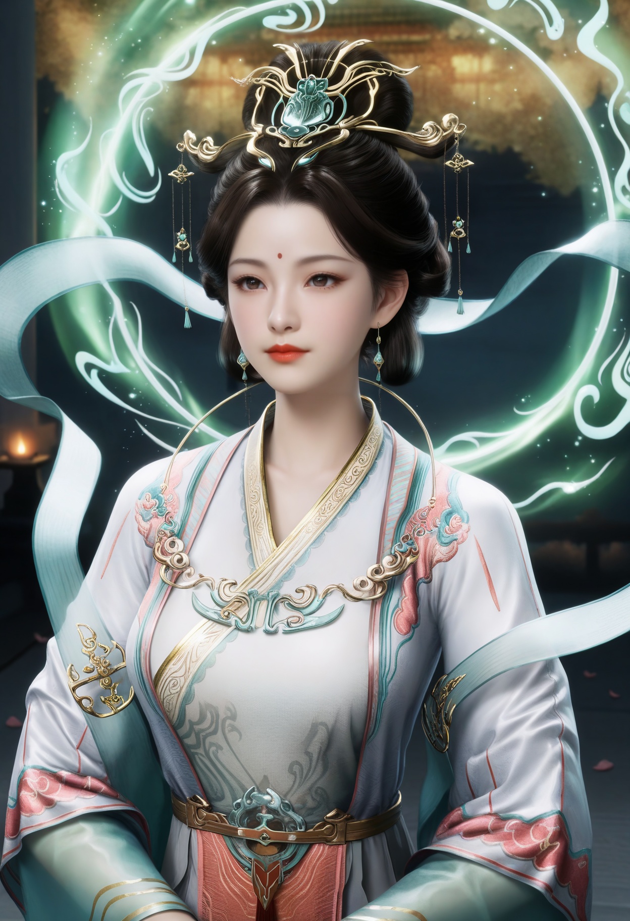 masterpiece,best quality,amazing quality,very aesthetic,high resolution,ultra-detailed,absurdres,scenery,photorealistic,(looking at viewer:1.1),upper body,(Dark room:1.3),(moody lighting:1.1),peach blossom,falling petals,(large breasts:0.8),xiwangmu,1girl,solo,black hair,hair ornament,jewelry,earrings,chinese clothes,forehead mark,light particles,swirling aura,realistic,hair bun,shawl,hanfu,red lips,long sleeves,closed mouth BREAK photorealistic details,<lora:QQSillxiwangmuV1:0.8>,