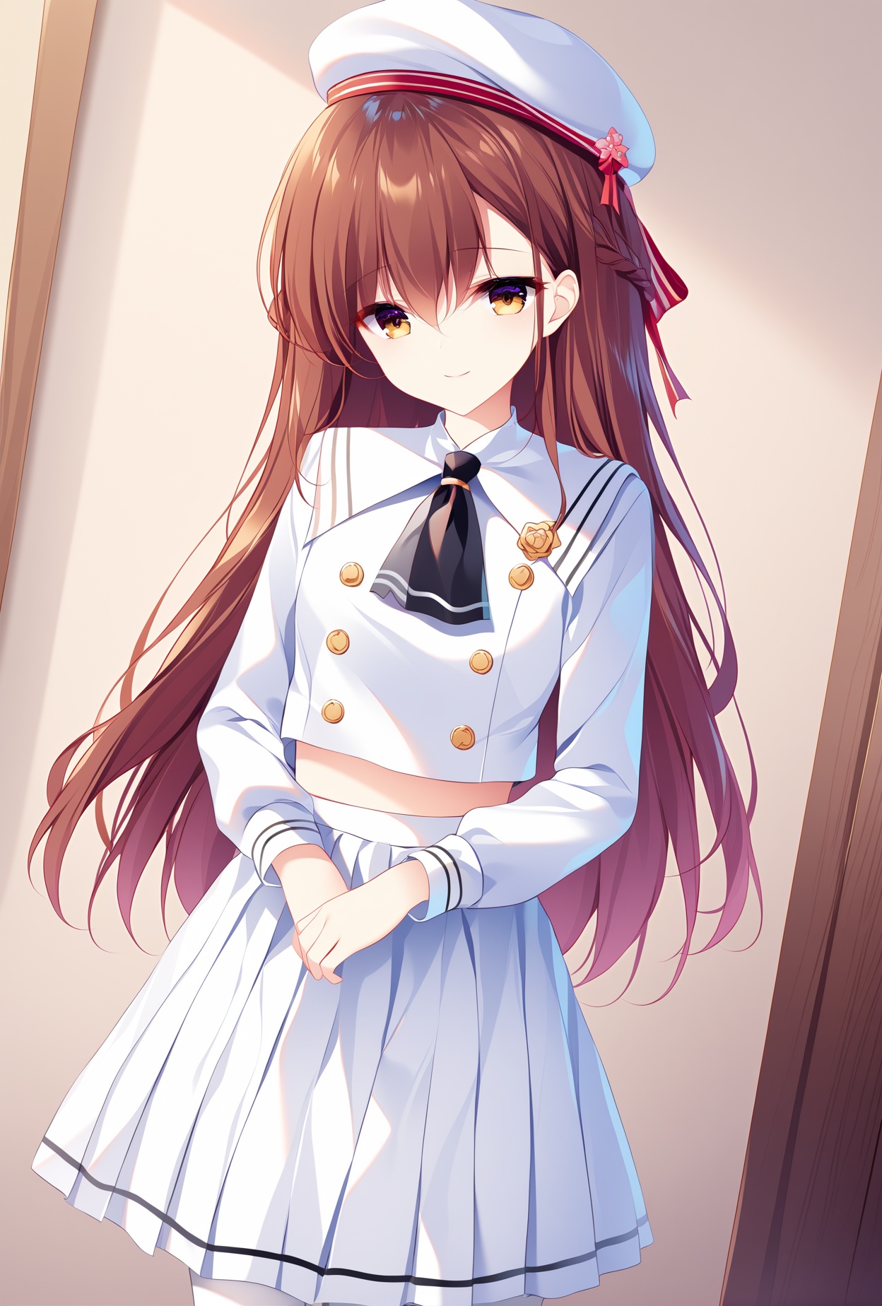 (masterpiece), (best quality), illustration, ultra detailed, hdr, Depth of field, (colorful),[rimuu,][sheya],,[himitsu \(hi mi tsu 2\), ]school uniform, white serafuku, double-breasted,white pantyhose,hat ,crop top, white skirt chihiro,1girl,brown eyes,long hair,brown hair, living room,smile,standing,  <lora:JanusUniformXLAni3.1:1>,<lora:chihiroXLani3:1>