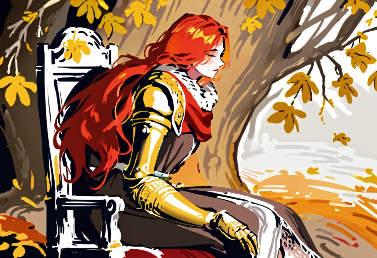 1girl,leg armor, brown dress, red cape, scar, white fur trim, fiery red hair, malenia blade of miquella,sitting, closed mouth, tree, leaf, closed eyes, weapon, from side, painting, autumn leaves, art, illustration, digital painting, warm colors, side profile, intricate patterns, ornate chair, cowboy shot,single mechanical arm,yellow eyes, masterpiece, best quality, newest, absurdres, safe<lora:nws_v1.2-000013:1>