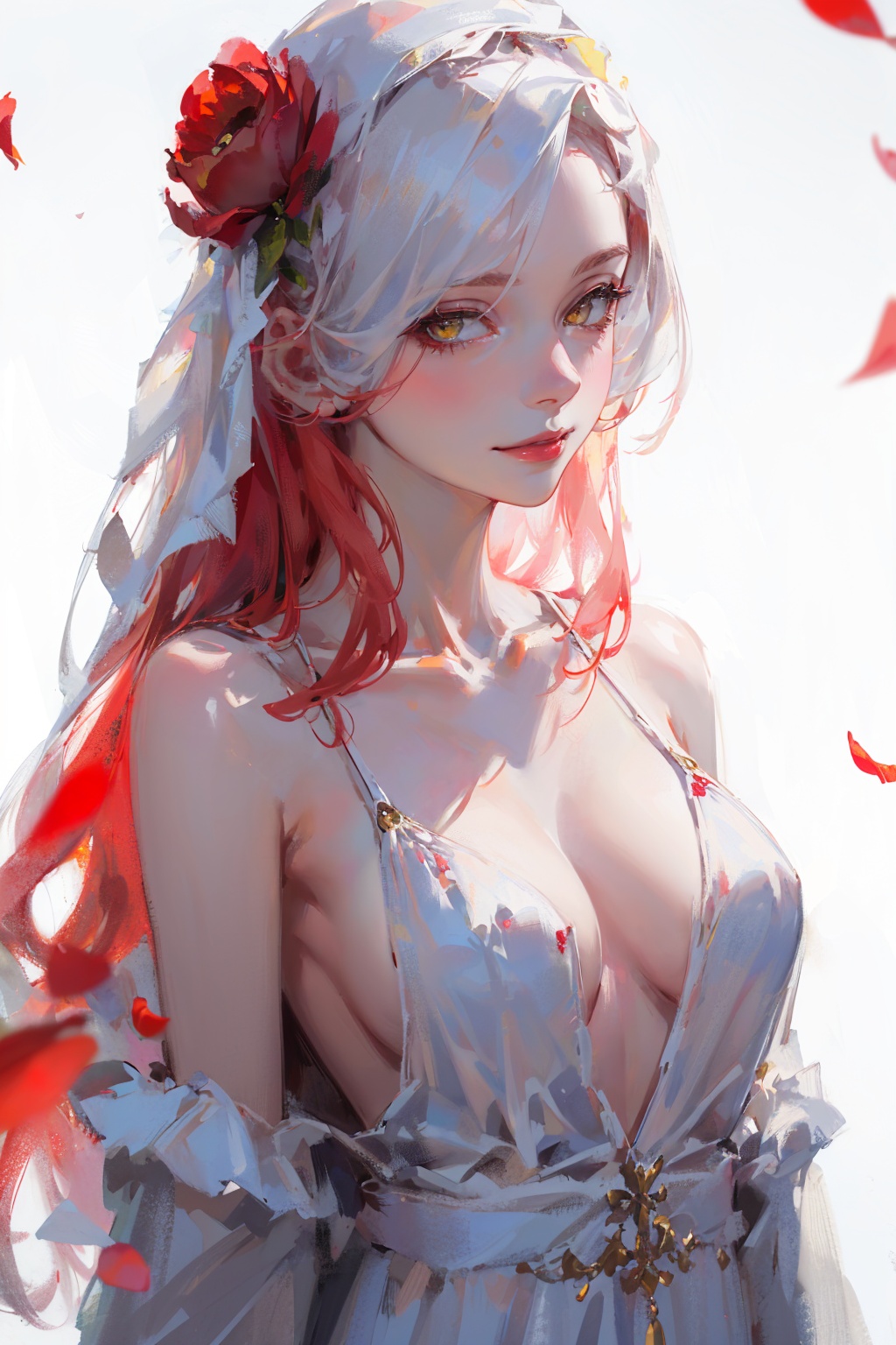 masterpiece,best quality,(realistic:1.2),1girl,solo,looking at viewer,silver hair,yellow eyes,beautiful and detailed face,evil smile,upper body,collarbone,collarbone,large breasts,white long translucent night gown,expressionless,hair cover one eye,long hair,red hair flower,standing,blood,(plenty of red petals:1.35),white background),simple background,