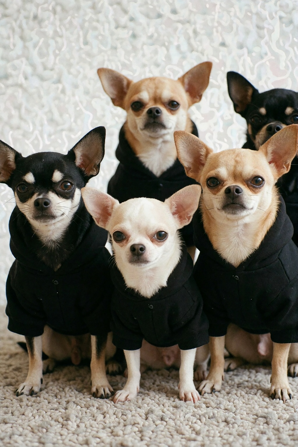 fashion photography,  grainy disposable camera photo of a group of very angry chihuahuas all wearing black hoodie on Tenso...