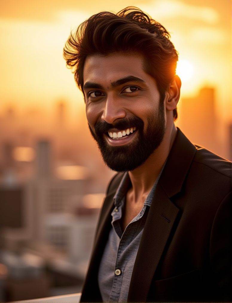 rana daggubati ,  In the heart of a bustling city,  under the soft glow of a golden hour sunset on Tensor.Art