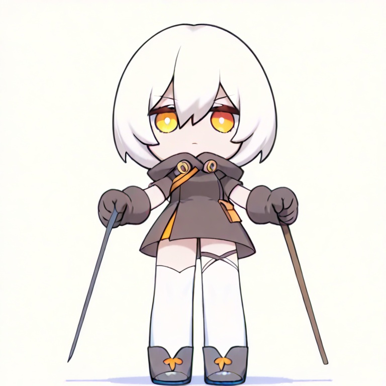 masterpiece, best quality,solo,(white background:1.2),simple background,looking at viewer,      scythe,orange theme,holding weapon,black footwear,hood down,short hair,dress,black dress,white hair,bangs,thighhighs,black jacket,yellow eyes,orange eyes,jacket,hair between eyes,solo,gloves,<lora:死士-镰刀型-ill:0.8>