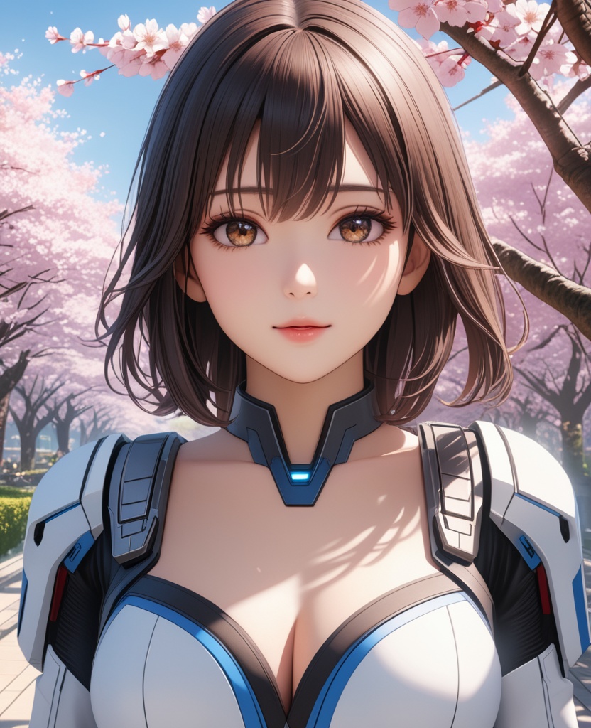 (,1girl, ,best quality, ),looking at viewer,  ultra detailed background,ultra realistic 8k cg,ultra detailed 8k cg,masterpiece,upper body,  (( , )),, ,science fiction,mole, ultra realistic 8k cg, ,    ,outdoors, sun,sunlight, cherry blossoms,      (cleavage), (),