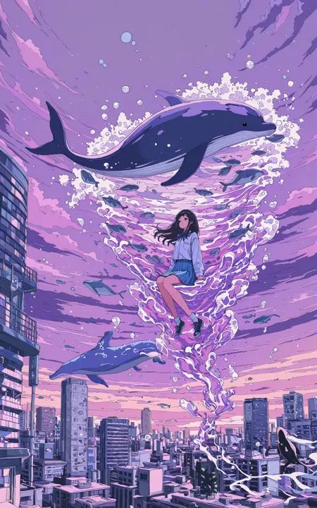 1girl,gl0ssy,upper body,whale,ligne claire,cityscape,sky,bubble,skirt,cloud,solo,scenery,long hair,city,socks,purple theme,sitting,building,wide shot,shoes,purple sky,outdoors,fish,long sleeves,dolphin,pleated skirt,surreal,cat,black hair,blue skirt masterpiece,best quality,