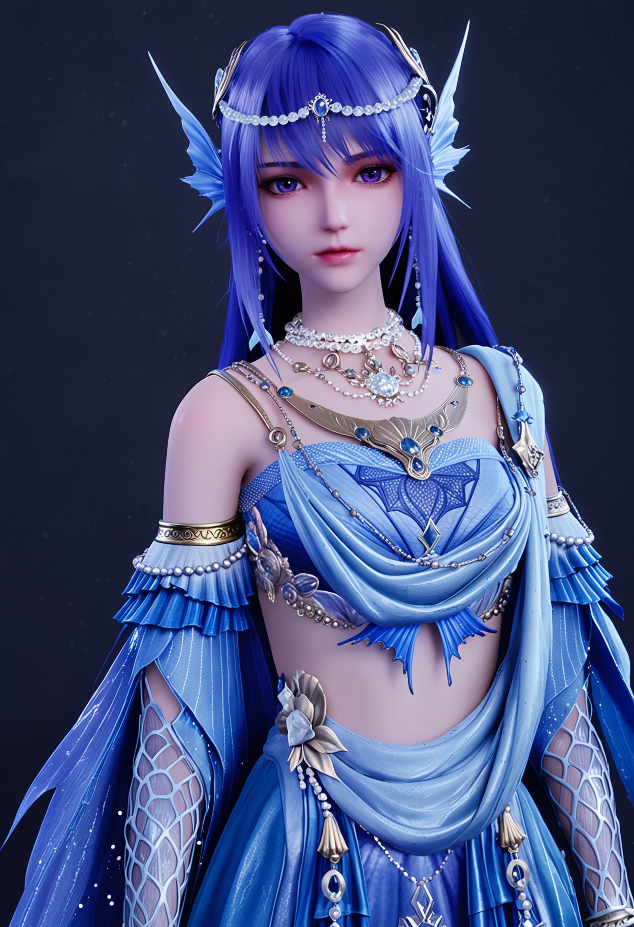 (full_body:1.1),(looking at viewer:1.1),facing viewer,direct gaze,<lora:YQ_pony_shengcaier_fuzhuang5_V4:0.8>,q1528437228,1girl,solo,blue hair,jewelry,long hair,necklace,hair ornament,blue eyes,earrings,fins,head fins,dress,purple eyes,detached sleeves,blue dress,midriff,purple hair,beads,pearl necklace,skirt,bracelet,BREAK (white skin:1.1),(fair skin:1.1),(Ivory skin:1.1),(shiny skin),perfect anatomy,(simple background,pure black background,black background:1.1),