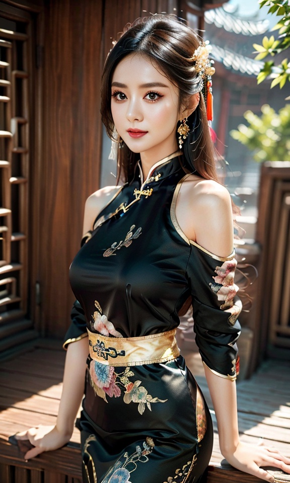best quality,highres,realistic,photography,beautiful details,Volumetric lighting,xiju,1 girl,solo,black hair,hair ornament,makeup,long hair,chinese clothes,(bule clothes:1.4),(golden decorative lines:1.2),looking at viewer,cowboy shot,large breasts,sleeveless,off shoulder,short skirt,high fork,headdress,eyeshadow,The background is Chinese ink wash landscape painting,blur the background,ultra high ers,(photorealistic:1.4),