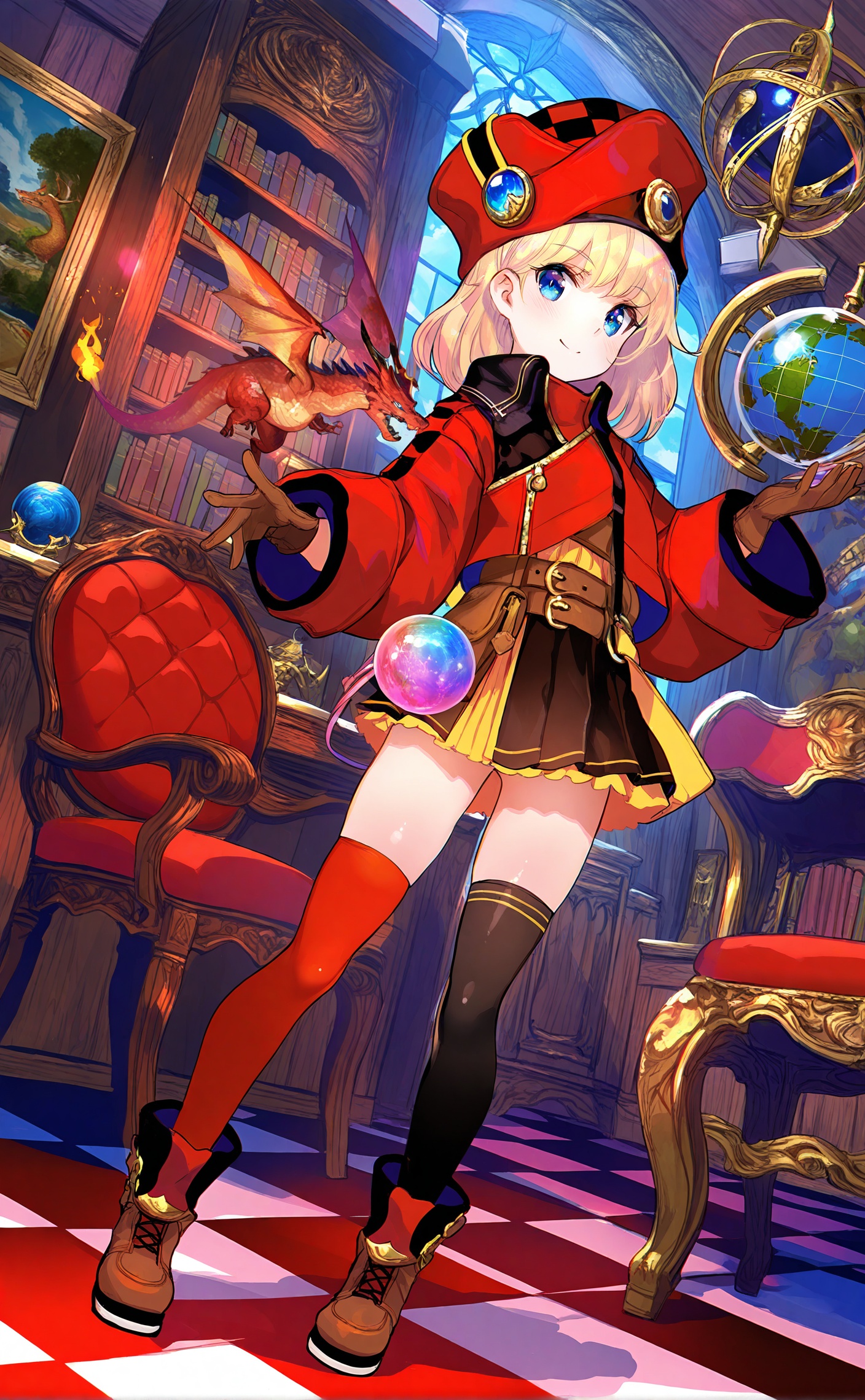 masterpiece,highres,absurdres,newest,best quality,loli,petite,high quality,chromatic_aberration,shiny_skin,//,blonde hair, blue eyes, dragon, 1girl, thighhighs, crystal ball, asymmetrical legwear, checkered floor, book, globe, chair, fantasy, smile, mismatched legwear, solo, indoors, skirt, gloves, window, orb, dutch angle, brown gloves, hat, standing, boots, looking at viewer, red headwear, belt, closed mouth, bookshelf, painting (object), fire, uneven legwear, jacket<lora:12.23:1>