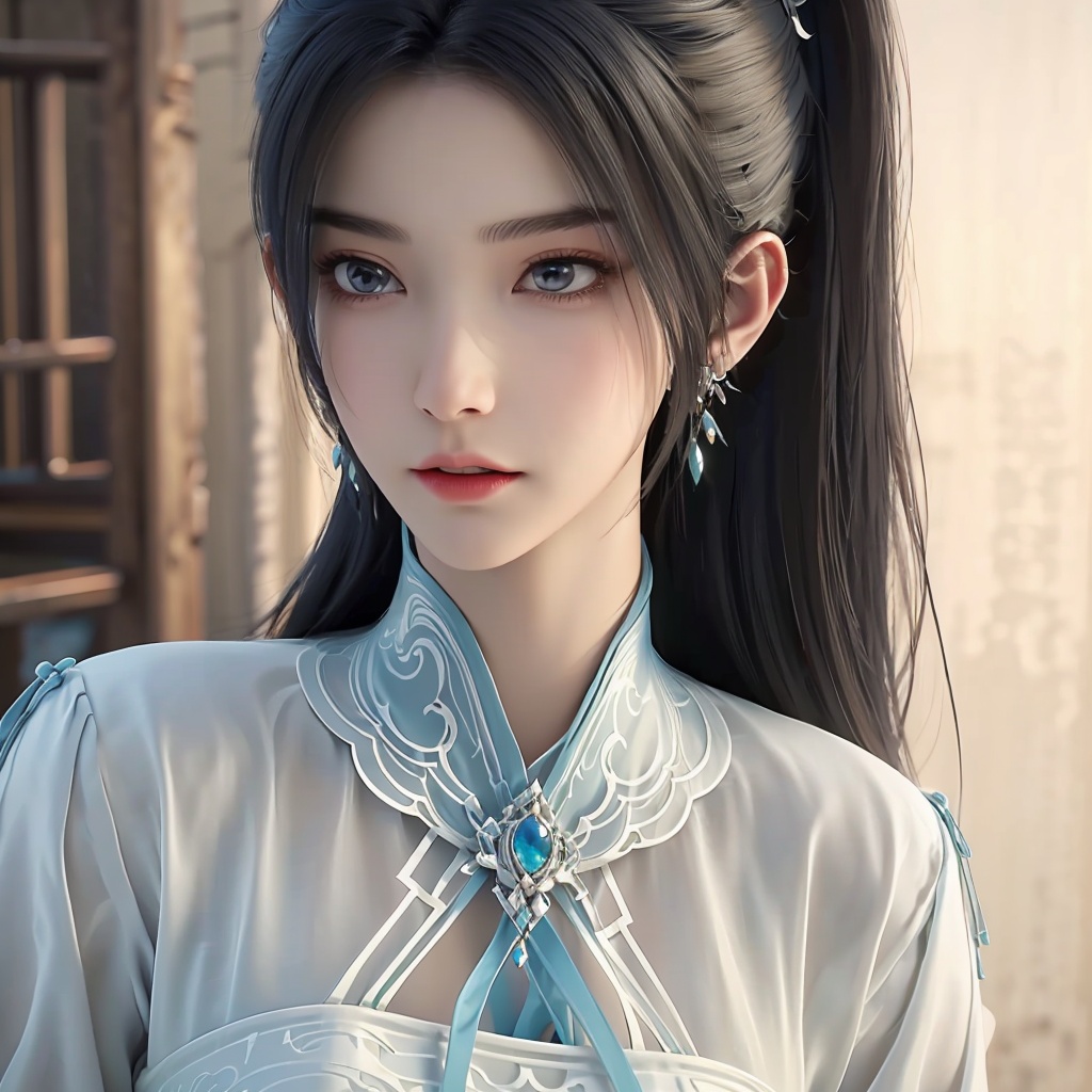 SFW,(masterpiece:1.2),best quality,absurdres,masterpiece,original,extremely detailed wallpaper,perfect lighting,(extremely detailed CG:1.2),1girl,solo,long hair,looking at viewer,black hair,hair ornament,dress,jewelry,closed mouth,ponytail,earrings,white dress,sash,chinese clothes,from different angles