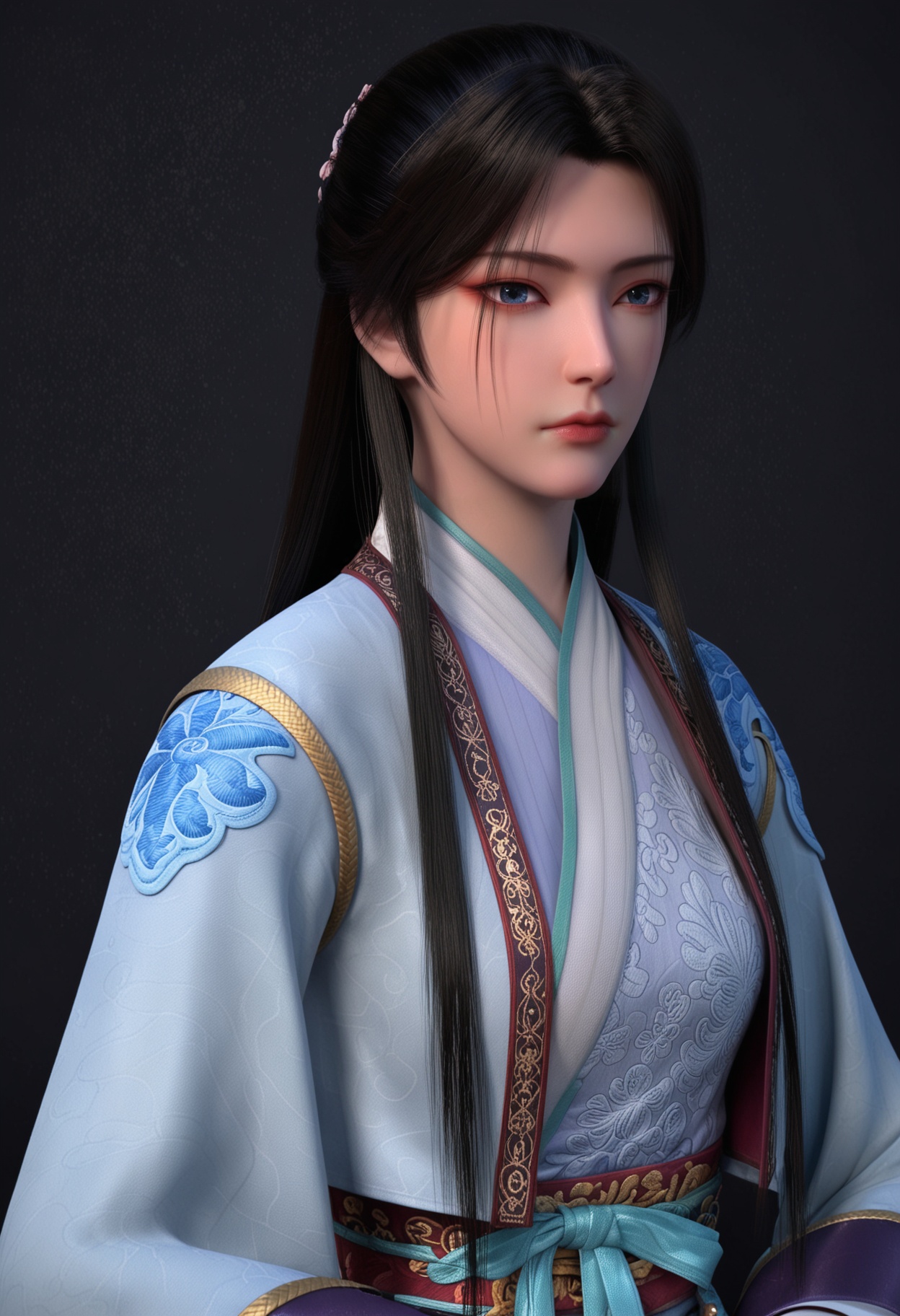 score_9,looking_at_viewer,upper body,(large breasts:0.8),1girl,solo,black hair,long hair,chinese clothes,realistic,closed mouth,blue eyes,lips,hanfu,long sleeves,expressionless,dress,sash,high heels,(simple background,pure black background,black background:1.1),perfect_anatomy,<lora:QQSponyylqiangweiV1:0.8>,
