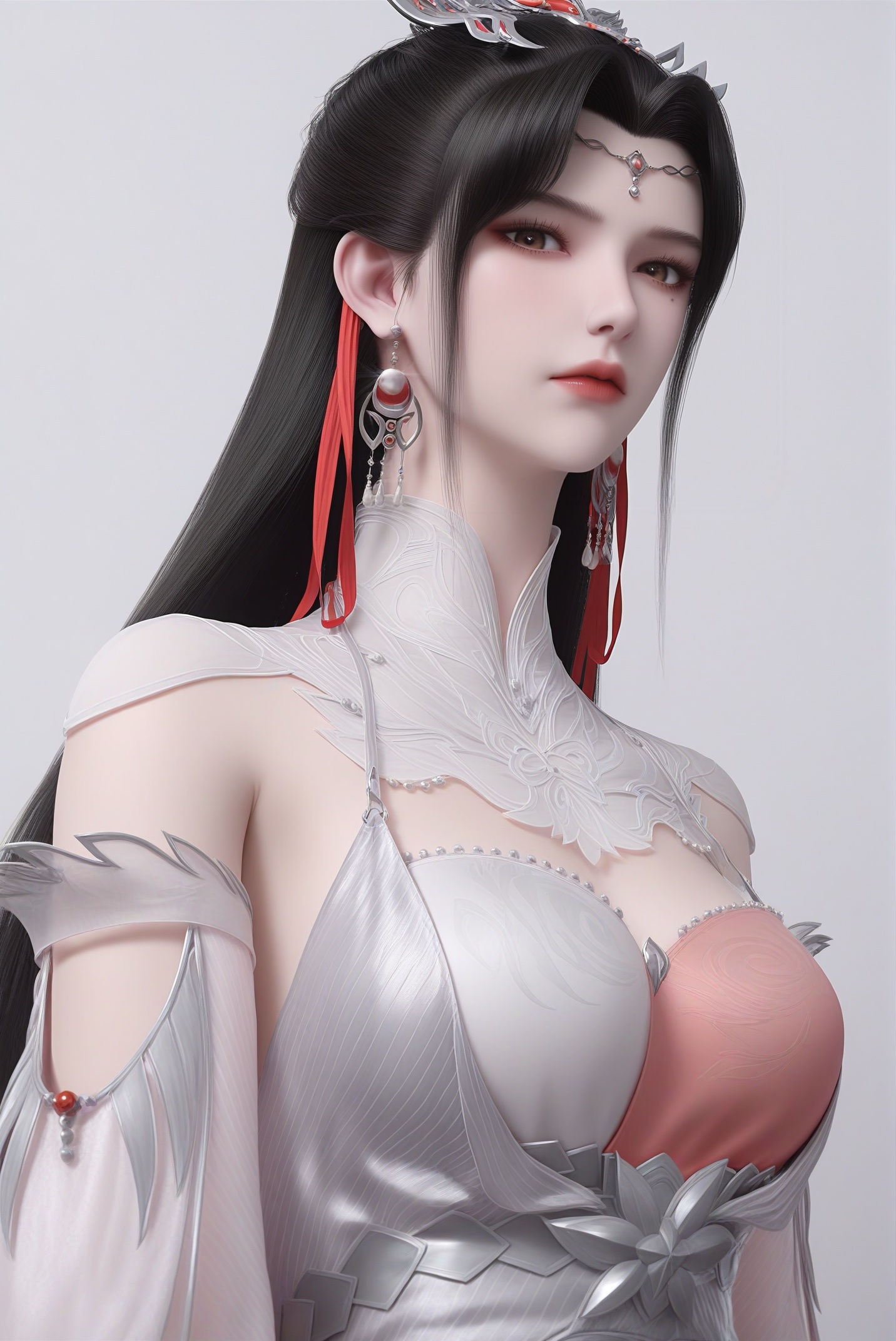 masterpiece,best quality,absurdres,highres,mature female,glamor,(slender:1.1),solo,<lora:柳眉-ill-000009:0.85>,liumei,long hair,black hair,hair ribbon,dangling earrings,crown-like hair ornament,hair ornament,forehead decoration,single hair bun,mole under eye,grey yes,brown_pupils,light blush,BREAKcollarbone,sheer overlay,mandarin collar,jewelry,halter dress,detached sleeves,two-tone bustier,looking at viewer,(front view),grimace,(eyelid_pull:1.1),upper body,BREAK(white_skin:1.1),(fair_skin:1.1),realistic,simple background,white background,