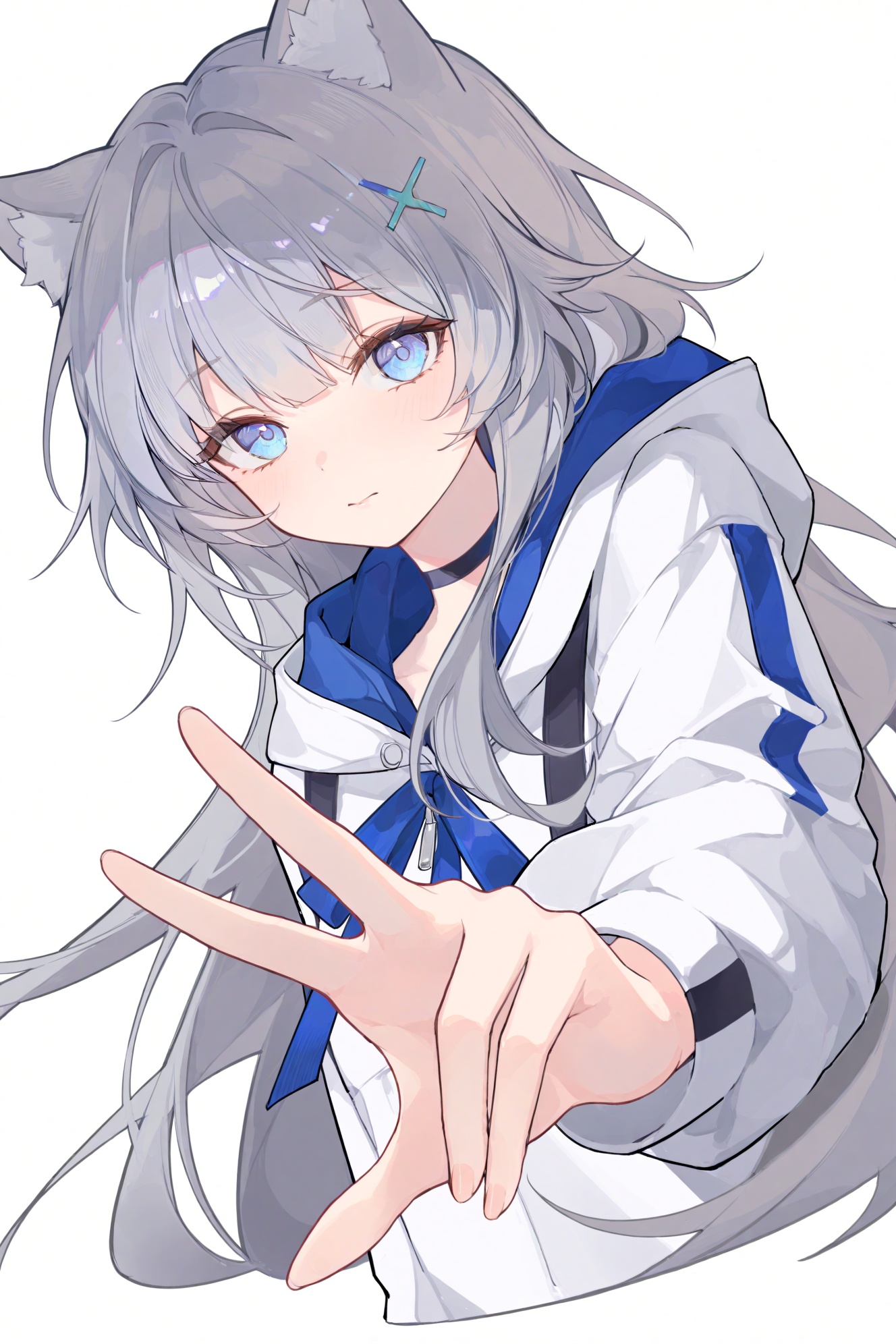 akengichi,simple,crisp,gwwj,ezu,Tender,(masterpiece:1.1),(best quality:1.1),foreshortening,dynamic_angle,(extremely delicate and beautiful:1.1),(huge filesize:1.1),(Noise and grain:1.1),(amazing quality:1.1),\\//,1girl, solo, animal ears, looking at viewer, hood, upper body, blue eyes, long hair, grey hair, white background, cropped torso, hood down, closed mouth