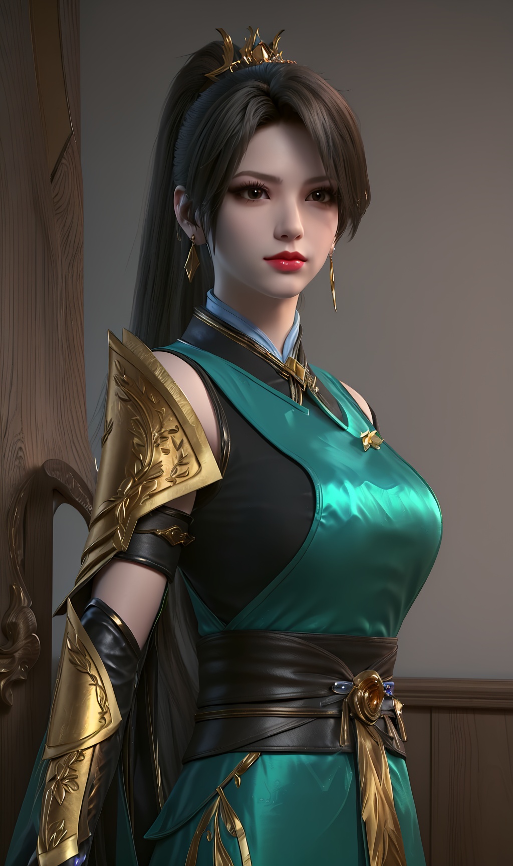 3D,masterpiece,(best quality),(makeup),official art, extremely detailed cg 8k wallpaper,((crystalstexture skin)), (extremely delicate and beautiful),(highly detailed),(face),(ponytail),(tiara),(gold_trim),(collar),(1girl), (solo), (jewelry), (earrings),(black_hair),(long_hair),(hair_ornament),(handwear),(wristband),(breast),(gloves),(standing),((upper_body)),(dress),(chinese_clothes),(multicolored_clothes),(multicolored_dress),(shiny_clothes),(arm_guards),(sash),(armored_dress),(capelet),(closed_mouth),(outroom,bed),((looking_at_viewer)),((Facing the camera)),, <lora:hipoly3DModelLora_v10:0.3> 