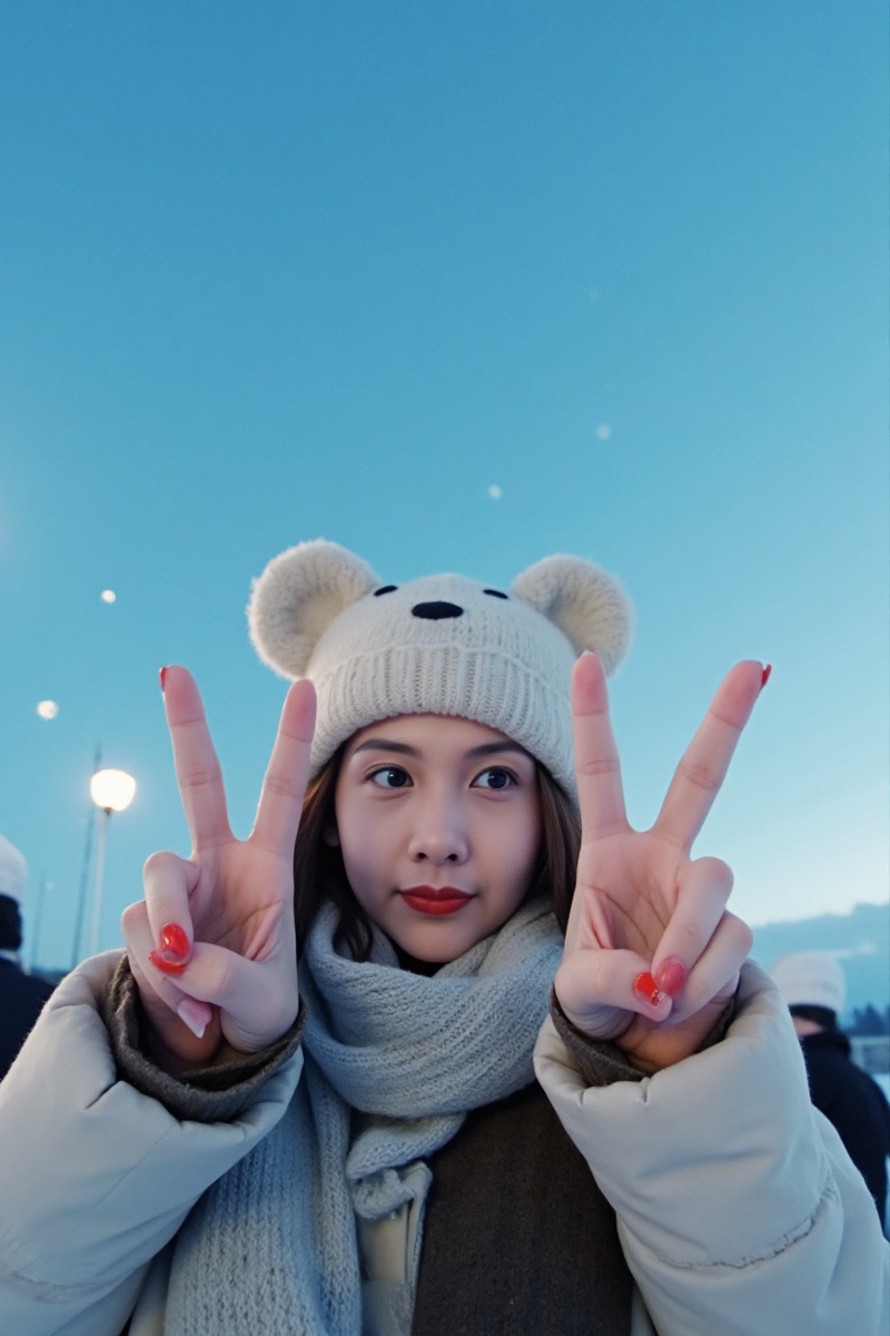 a photo of a beautiful asian woman.,a cute woman,Exaggerated perspective,upper body,wide angle POV shot,Give a "V" victory sign,foreshortening,on the Hokkaido city,realistic,highres,real photo,scarf,bear hat,flying snow,Mamiya photography,Sharp High-Quality Photo,girlfriend feel,solo,deep blue sky,chinese young actress,good memory,neon growing light.,