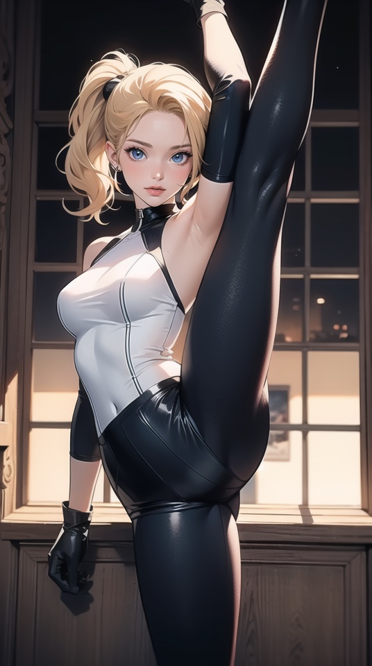 (best quality), ((masterpiece)), (highres), illustration, original, extremely detailed,blonde hair, solo, 1girl, gloves, blue eyes, split, standing split, black gloves, looking at viewer, flexible, ponytail