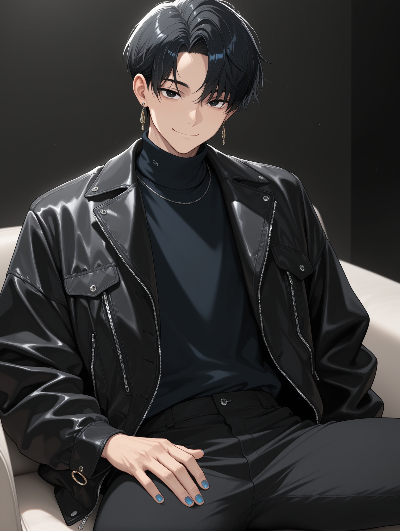 solo, black hair, looking at viewer, 1boy, male focus, black eyes, jewelry, earrings, smile, short hair, jacket, turtleneck, pants, black pants, black jacket, blue nails, long sleeves, shirt, sitting ,masterpiece,best quality,amazing quality,