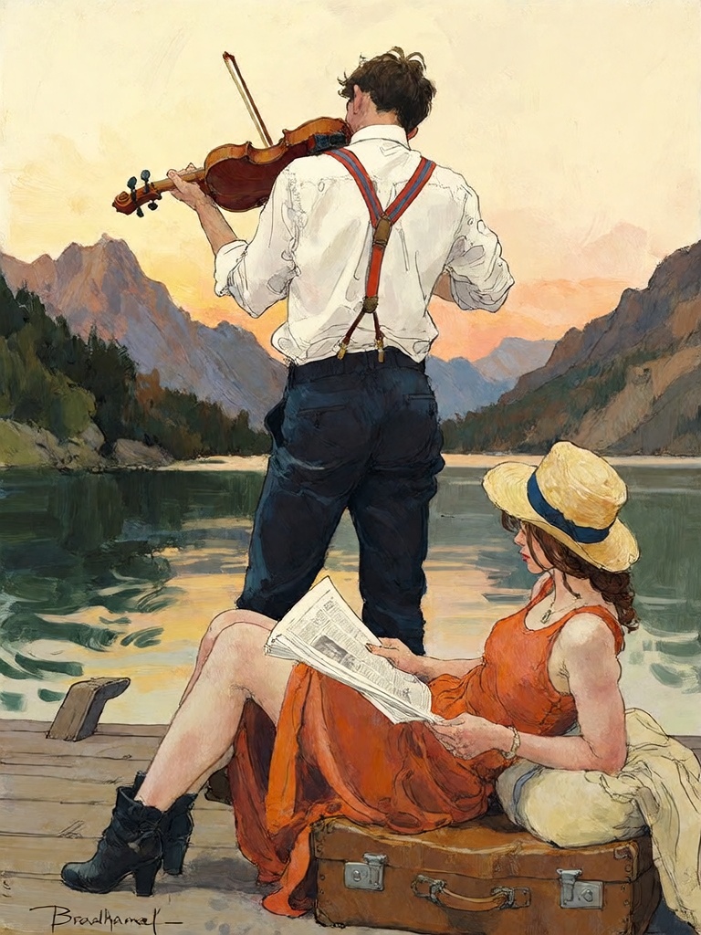 Bradhamel art style. A painting of a man in a white shirt and red suspenders playing a violin while standing with his back...