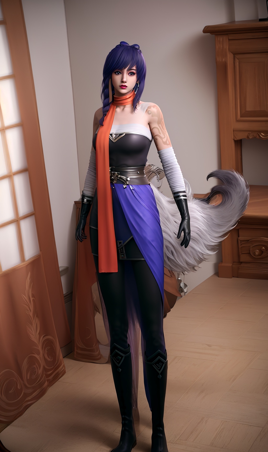3D,masterpiece,(best quality),(makeup),official art, extremely detailed cg 8k wallpaper,((crystalstexture skin)), (extremely delicate and beautiful),(highly detailed),(face),(collar:1.000),(braid),(tattoo),(scarf),(black_gloves),(closed_mouth),(1girl), (solo), (jewelry), (earrings),(blue_hair),(long_hair),(hair_ornament),(handwear),(breasts),(standing),((full_body,whole_body)),(dress),(skirt),(shiny_clothes),(long_legs),(city,indoor),(multicolored_clothes),(multicolored_dress),(animal_tail),,(sash)),(black_pantyhose),(tail),,((looking_at_viewer)),((Facing the camera)),(boots),(knee_boots),, <lora:hipoly3DModelLora_v10:0.3>