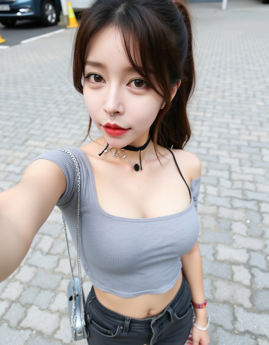 This is a high-resolution photograph of a young woman,likely in her early teenage years,standing outdoors on a paved surface,possibly a parking lot or a plaza. She has fair skin,dark brown hair styled in a loose,side-parted ponytail with bangs framing her face. Her facial features are delicate,with a small nose and full lips,and she has a silver nose ring and a small silver hoop earring in her left ear. She is wearing a tight,light grey crop top that accentuates her large-sized breasts,and high-waisted,dark grey shorts. A black choker with thin black ribbons drapes around her neck,adding a touch of edginess to her outfit. A silver crossbody bag is slung over her right shoulder,and she holds a phone in her left hand,taking a selfie. The background shows a few parked cars and a yellow traffic cone,suggesting a public or semi-public space. The ground is composed of small,square grey pavers,and the overall lighting is natural,indicating it is daytime. The image has a casual,candid feel,capturing a moment of everyday life.,