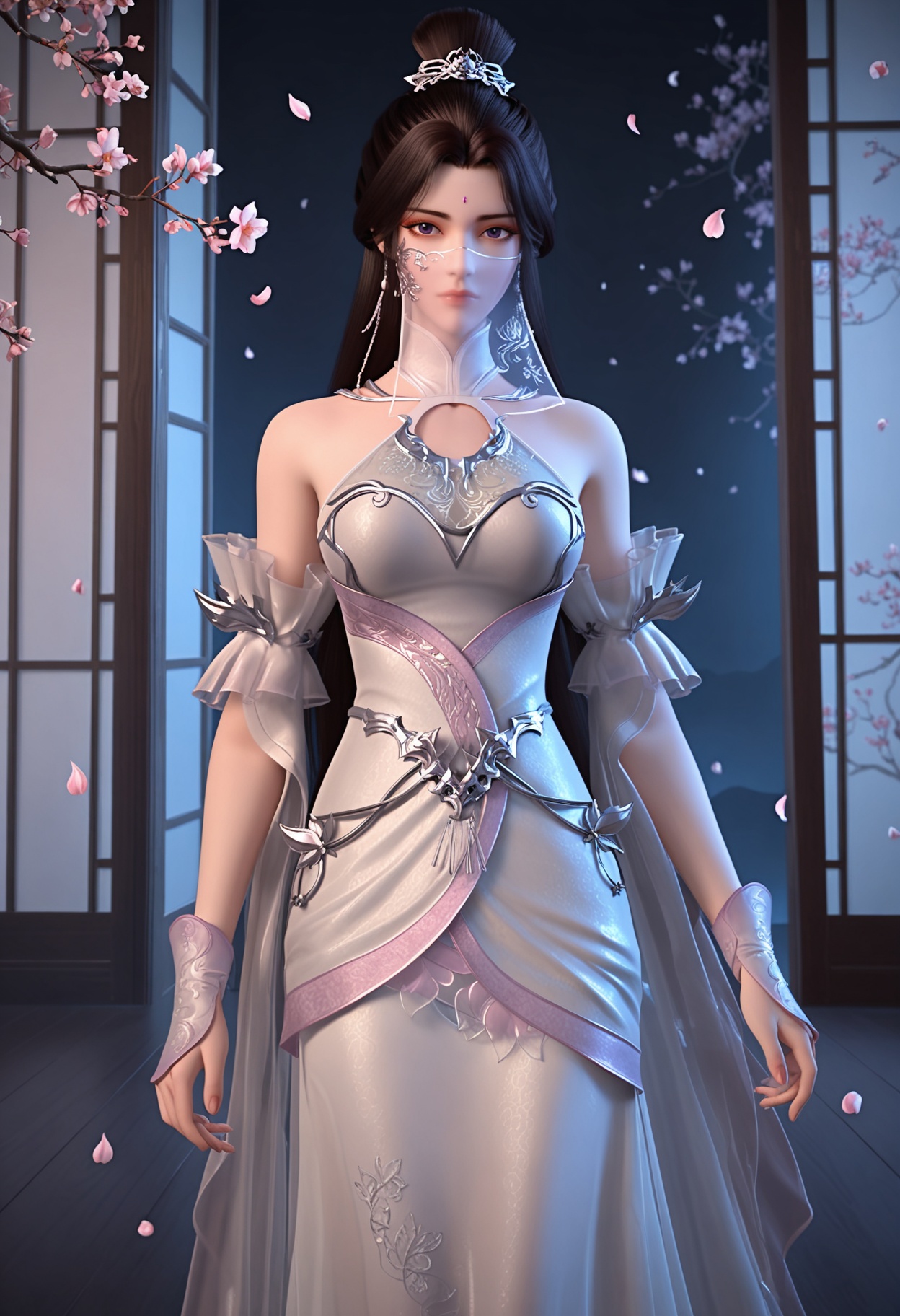 (cowboy shot:1.2),(looking at viewer:1.1),masterpiece,(best quality),smog,Dark room,dim lighting,peach blossom,falling petals,<lora:YQ_Illustrious光辉v5_月婵2.0_V2:0.8>,q1528437228,1girl,solo,long hair,white dress,jewelry,earrings,forehead mark,black hair,brown hair,hair ornament,hair bun,mouth veil,detached sleeves,single hair bun,purple eyes,breasts,expressionless,shoes,see-through,