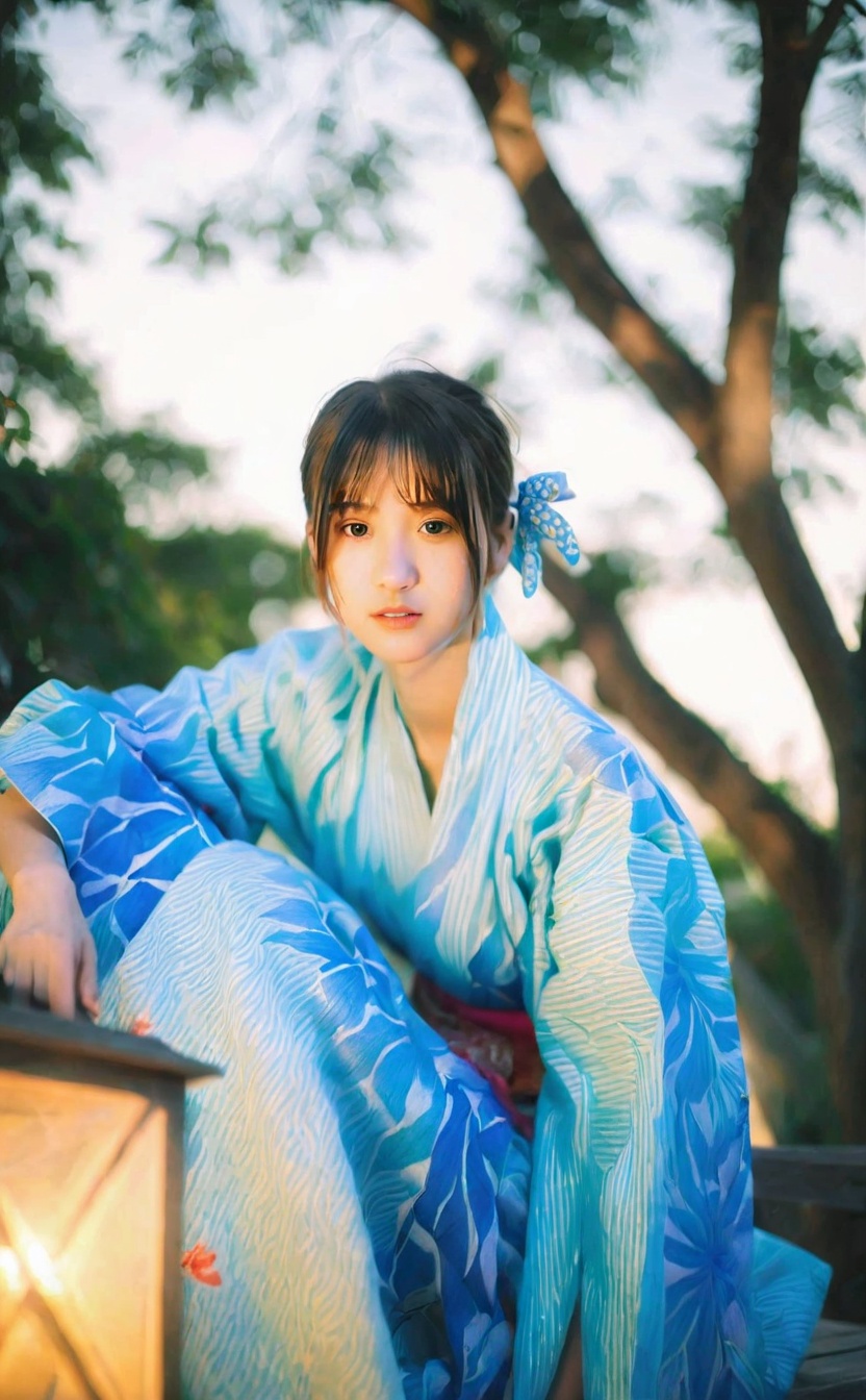 mugglelight, an asian woman in a blue kimono sitting on a bench, 1girl, solo, japanese clothes, kimono, sitting, black hair, looking at viewer, yukata, black eyes, blue kimono, barefoot